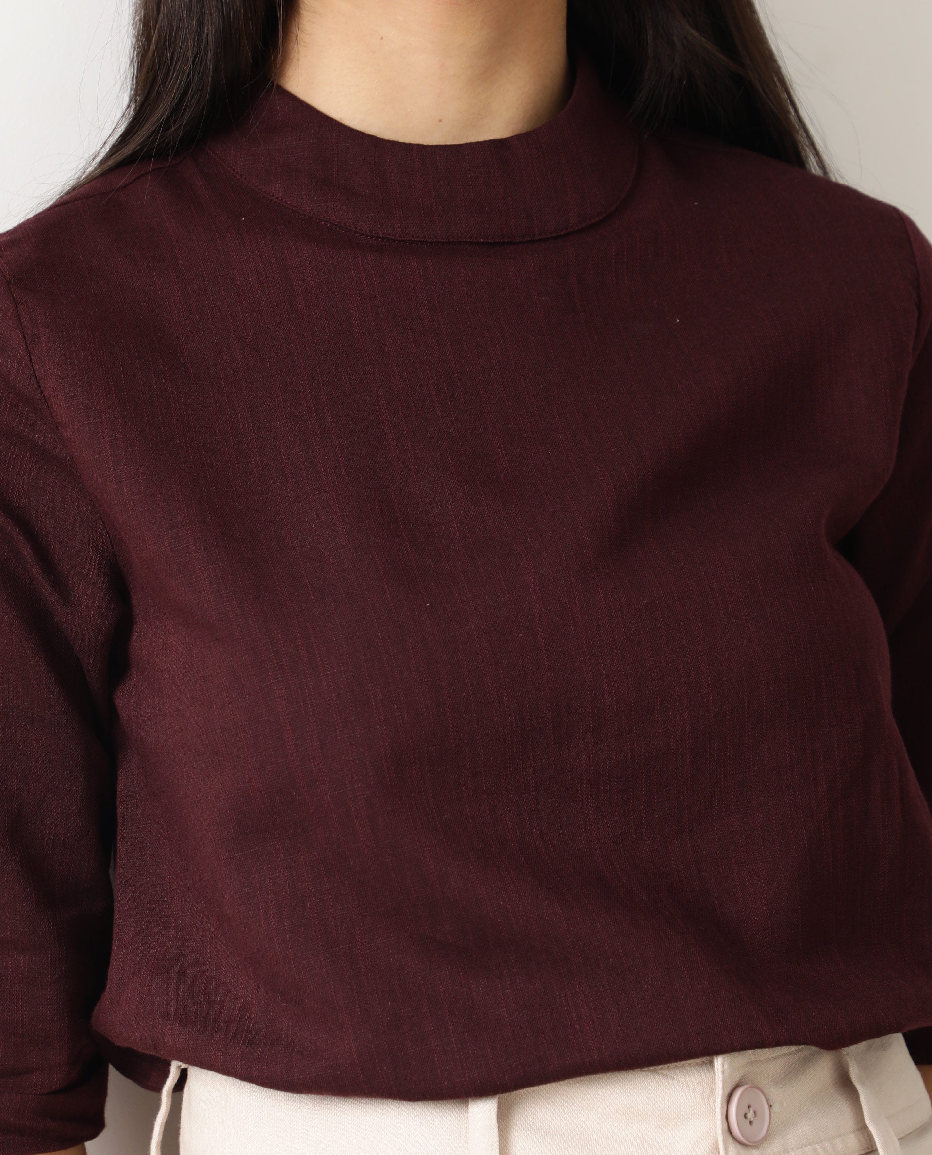 Rareism Womens Eleanor Maroon Top Cotton Linen Fabric Regular Fit Full Sleeve High Neck