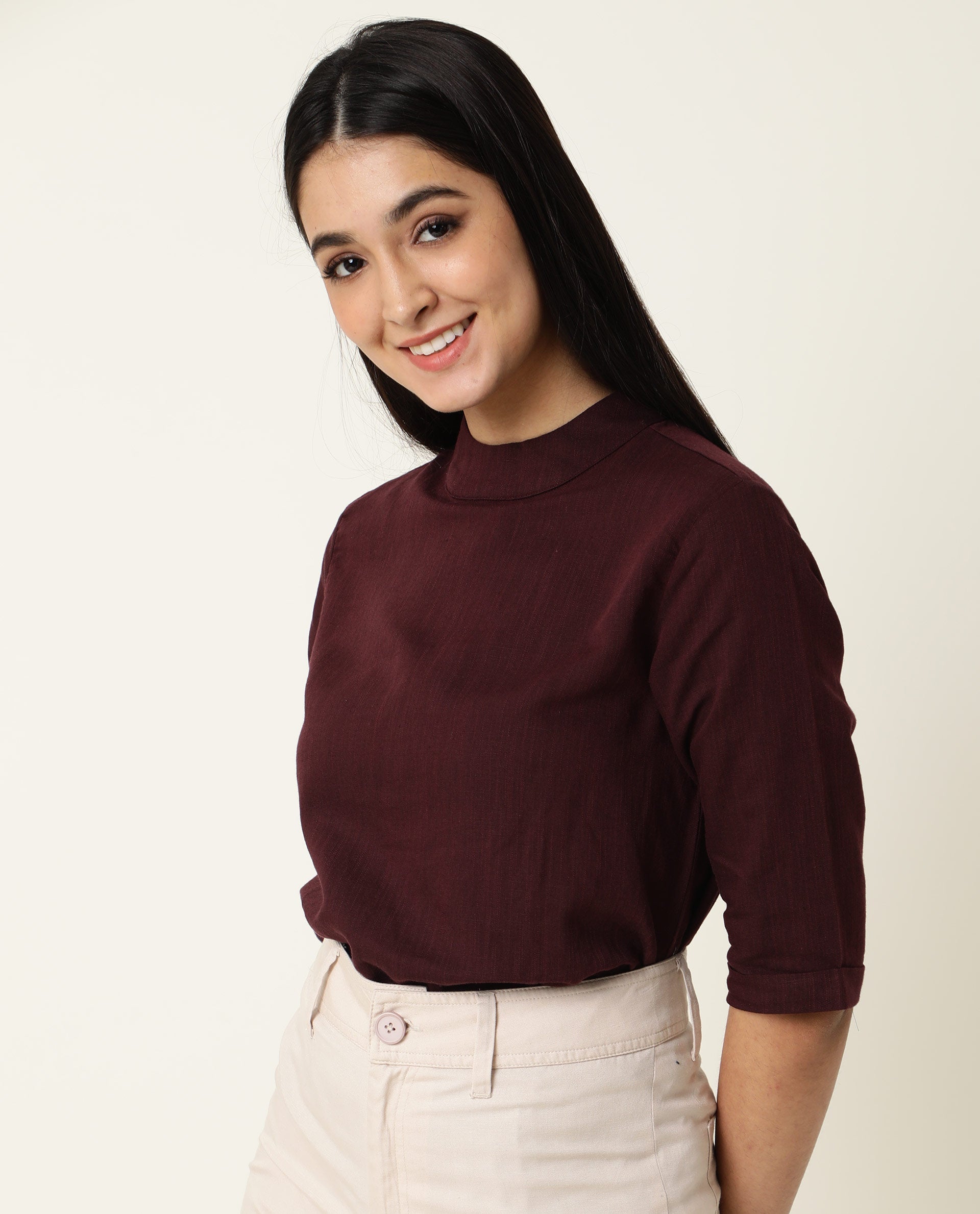 Rareism Womens Eleanor Maroon Top Cotton Linen Fabric Regular Fit Full Sleeve High Neck