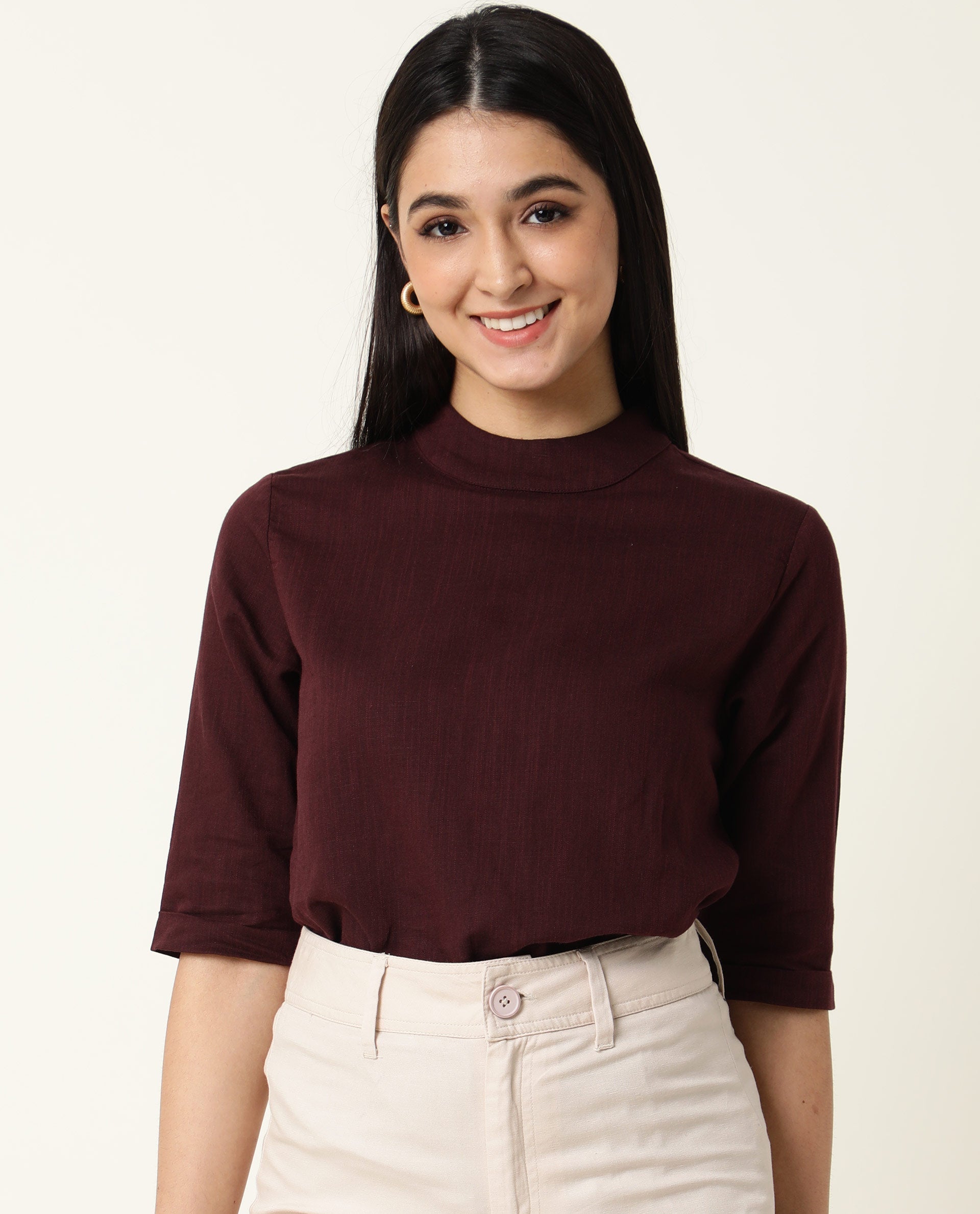 Rareism Womens Eleanor Maroon Top Cotton Linen Fabric Regular Fit Full Sleeve High Neck