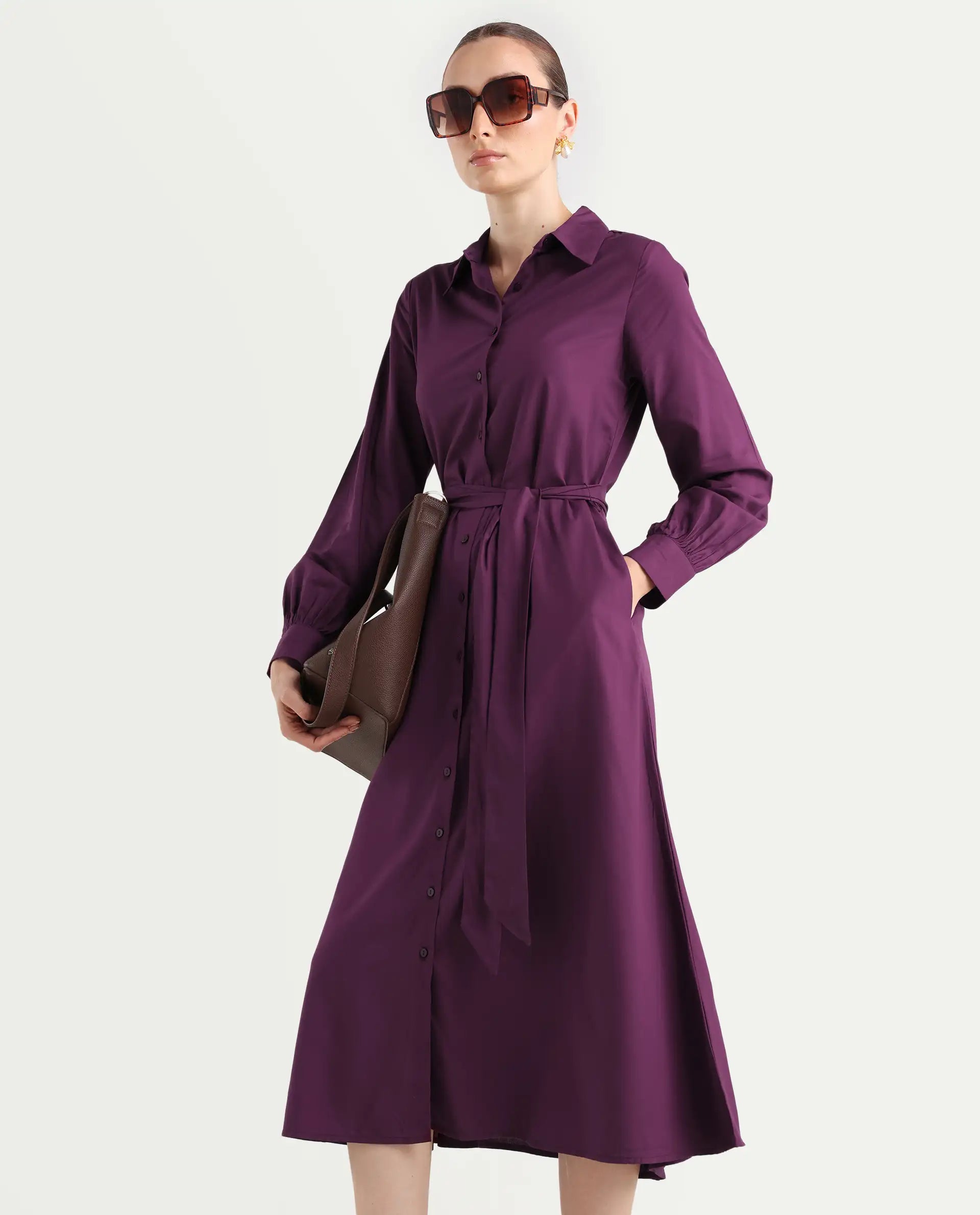 Rareism Women's Eleia Maroon Viscose Collared Neck A-Line Plain Midi Dress