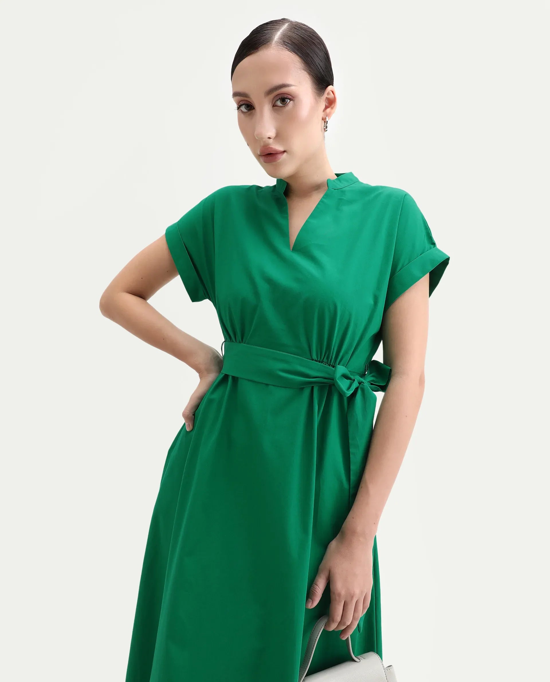 Rareism Women's Eleri Green Cotton Extended Sleeves Mandarin Collar A-Line Fit Plain Midi Dress