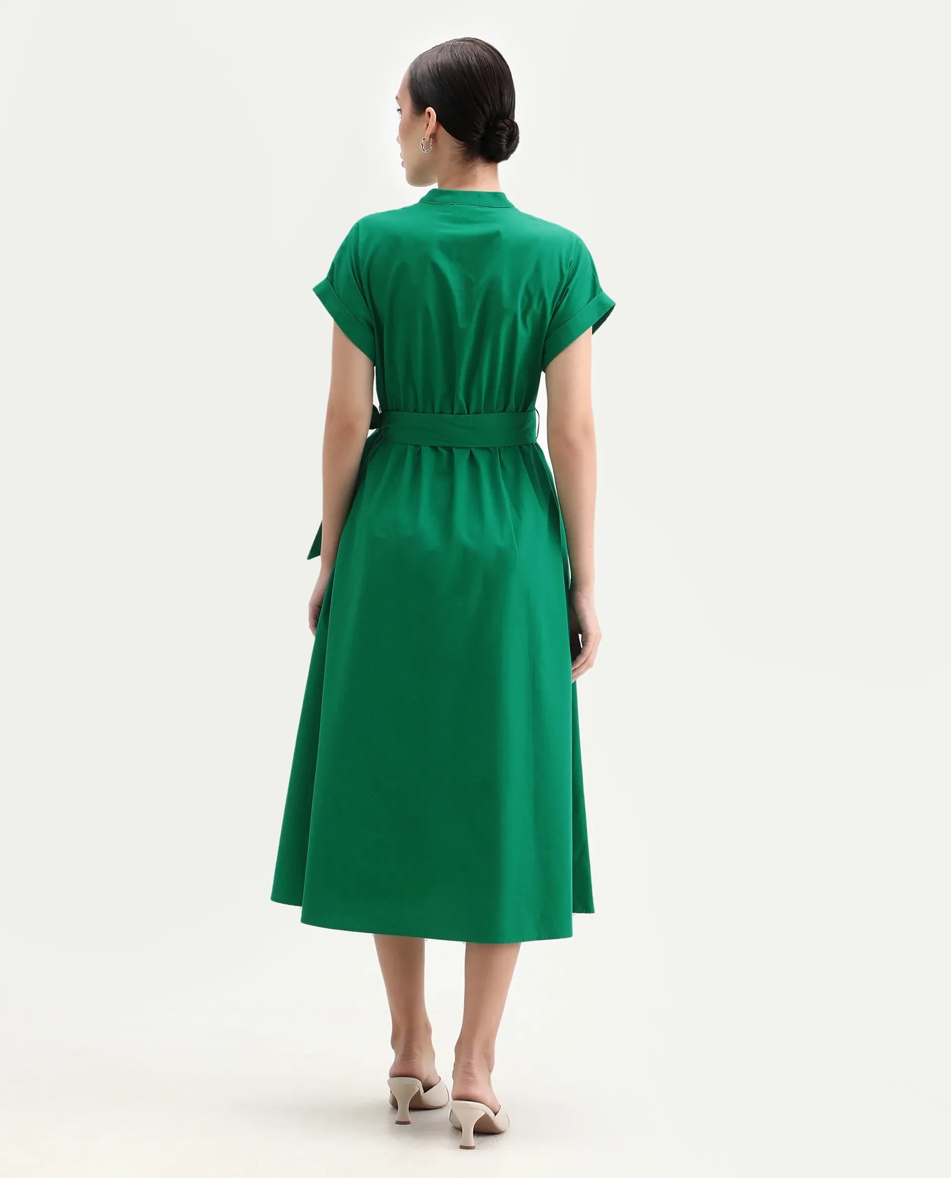 Rareism Women's Eleri Green Cotton Extended Sleeves Mandarin Collar A-Line Fit Plain Midi Dress
