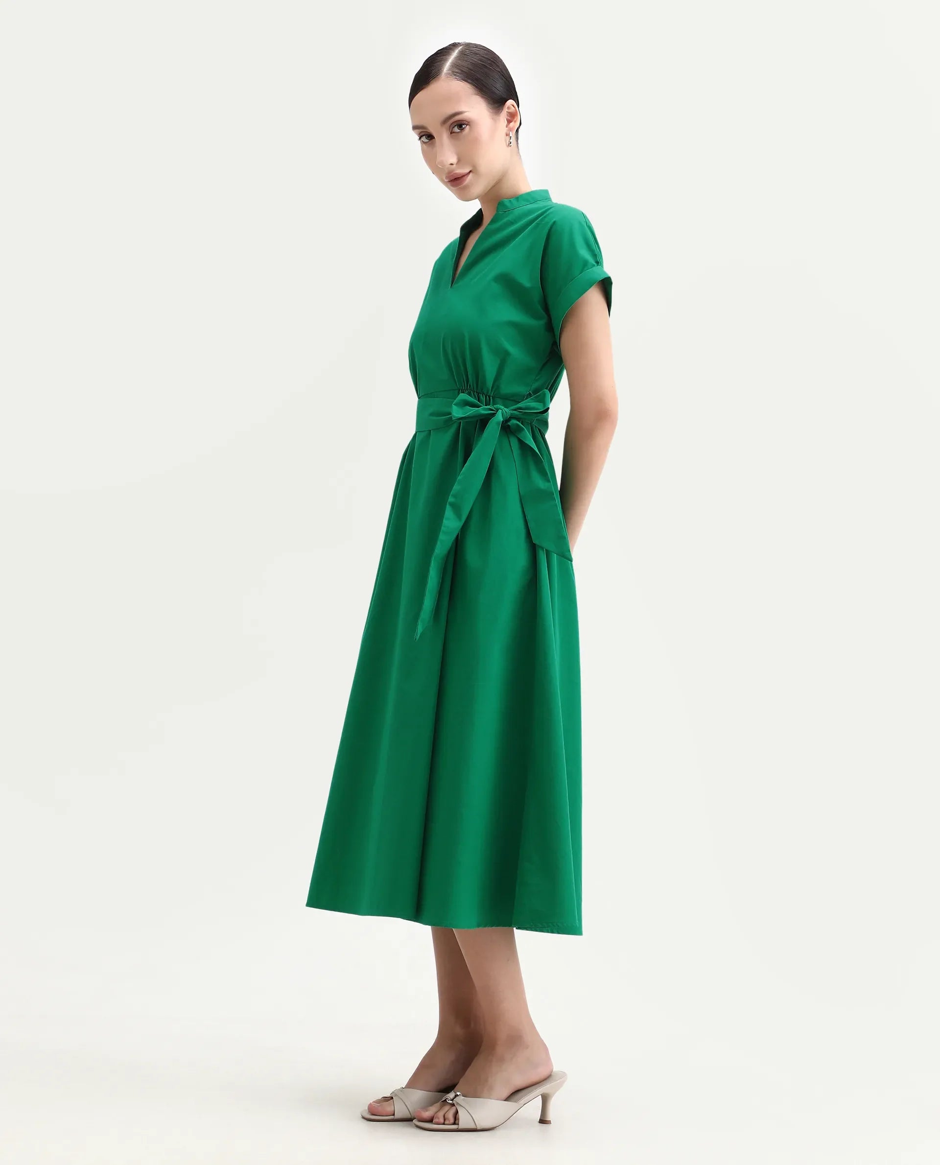 Rareism Women's Eleri Green Cotton Extended Sleeves Mandarin Collar A-Line Fit Plain Midi Dress
