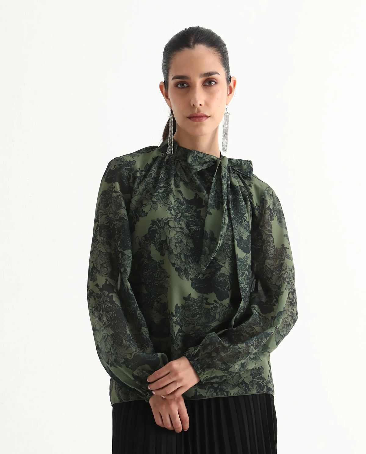 Rareism Women's Eleth Dark Green Polyester Bishop Sleeve Tie-Up Neck Regular Fit Top