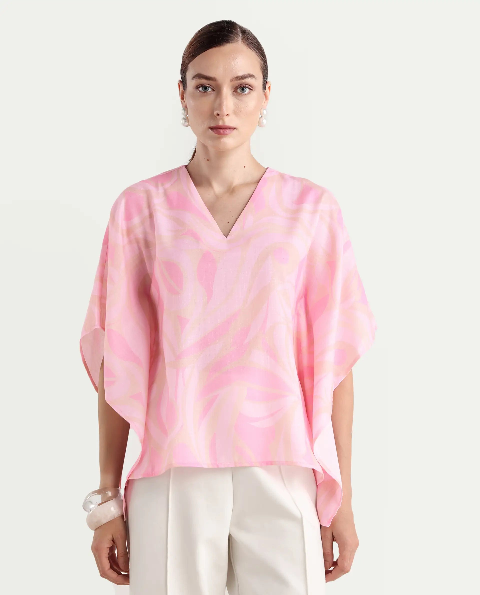 Rareism Women's Eleto Light Pink Polyester V-Neck Regular Fit Top