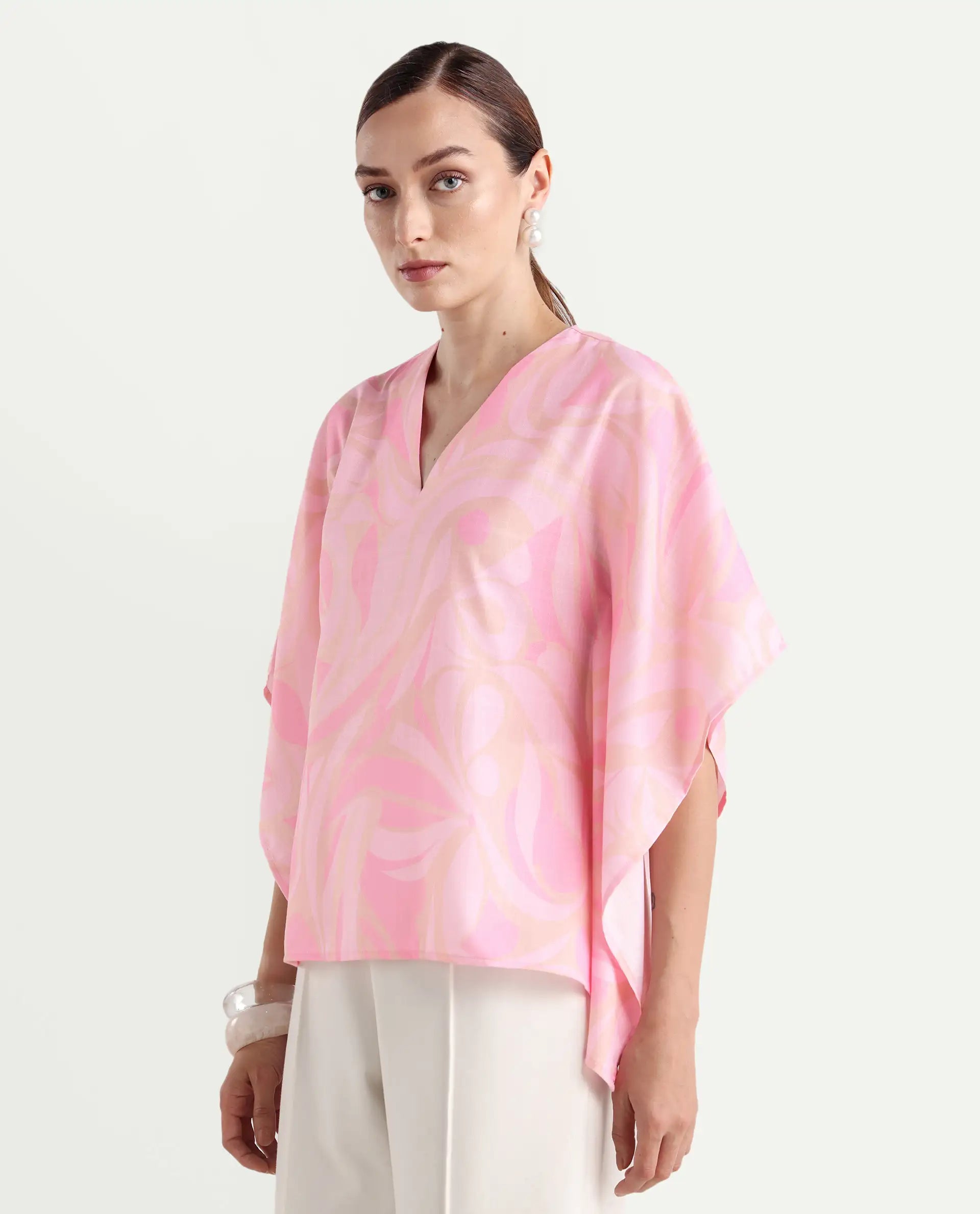 Rareism Women's Eleto Light Pink Polyester V-Neck Regular Fit Top