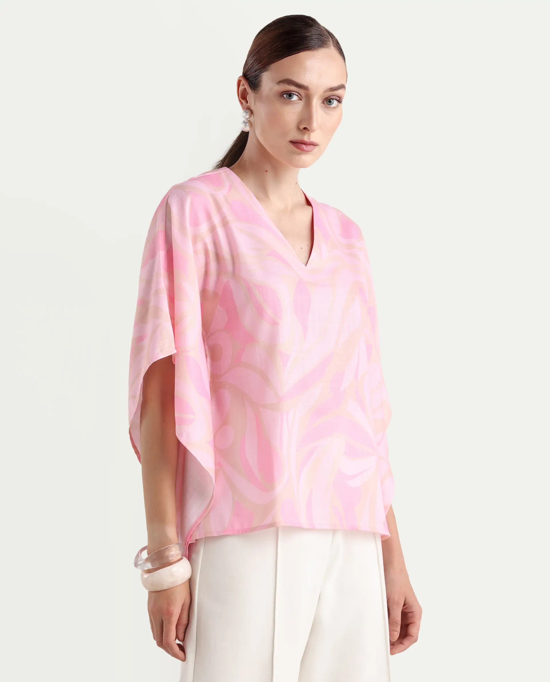 Rareism Women's Eleto Light Pink Polyester V-Neck Regular Fit Top