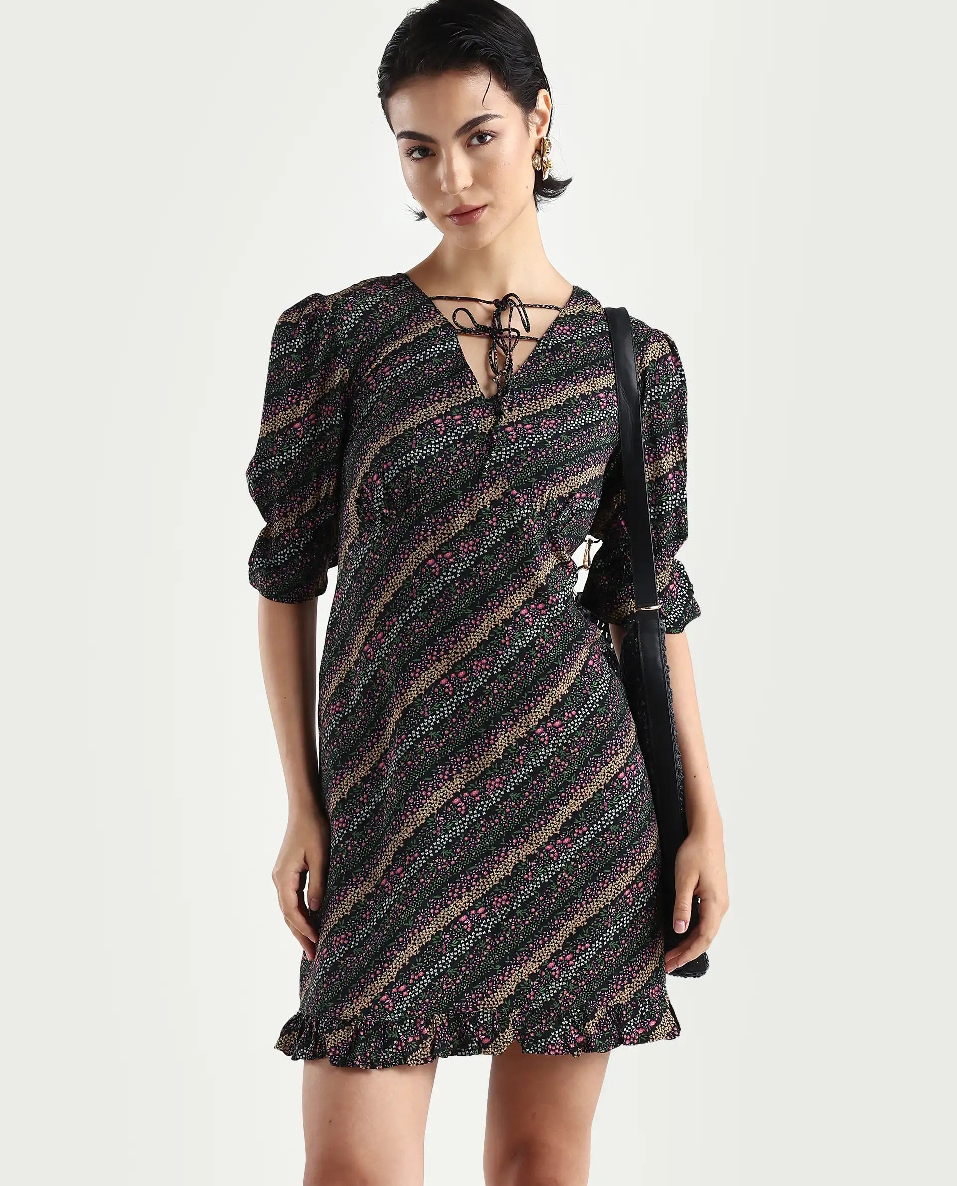 Rareism Women's Elevate Black Viscose V-Neck Floral Print Knee Length Regular Fit Dress