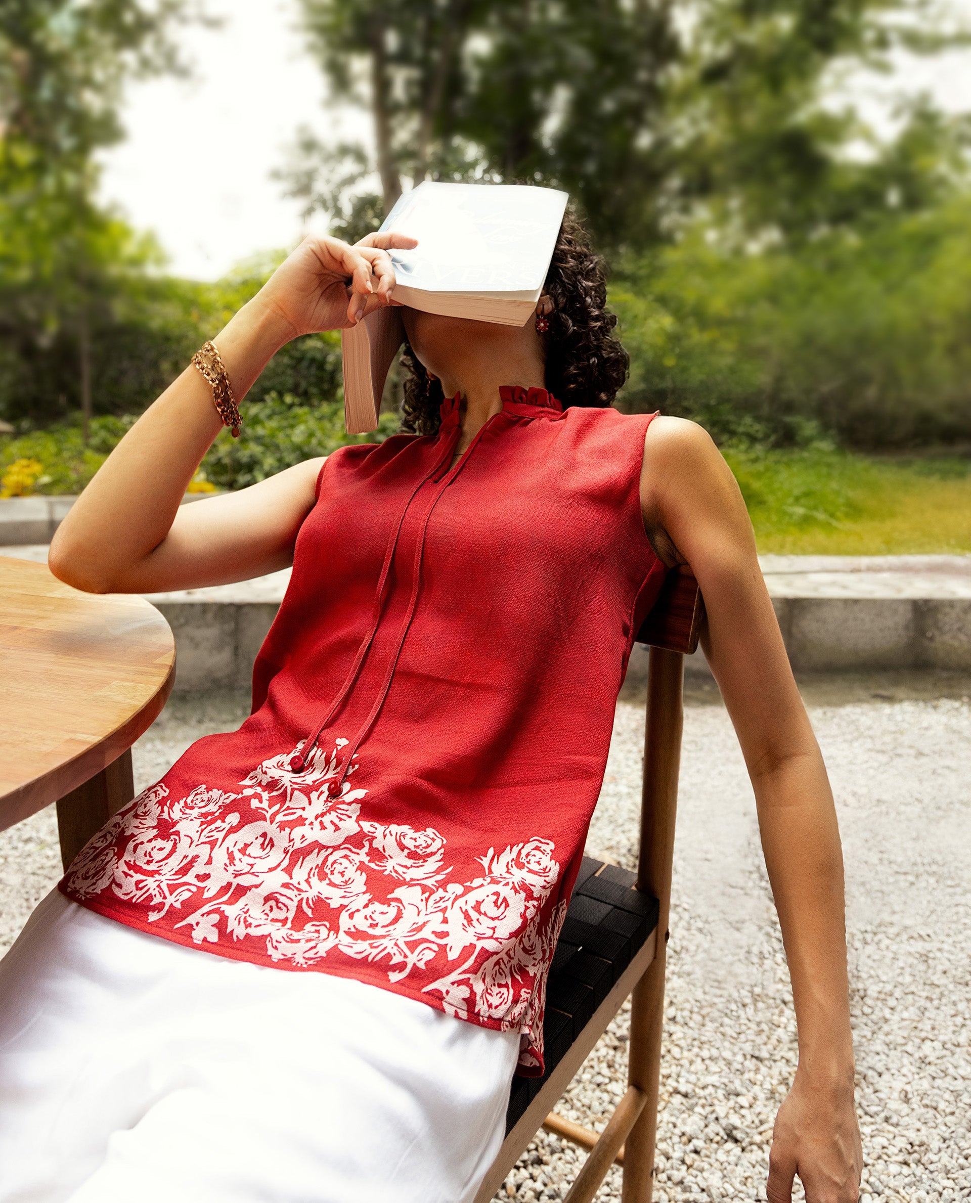 Rareism Women's Elfin Red Polyester Sleeveless Mandarin Collar Regular Fit Top