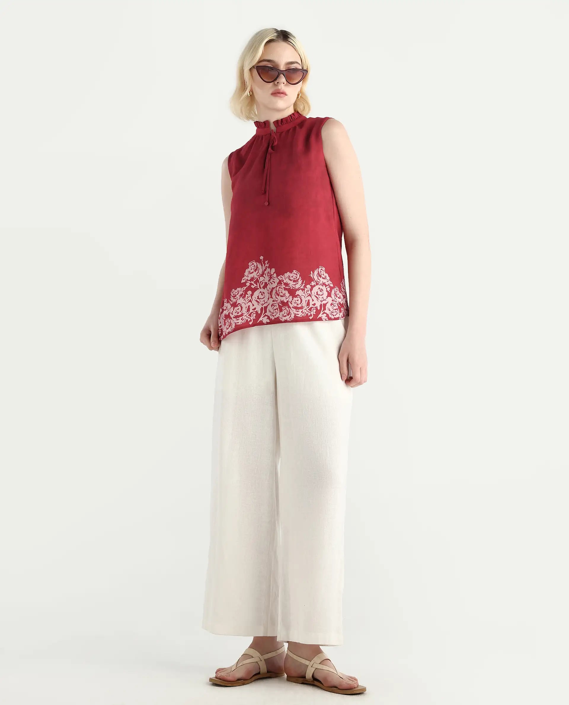 Rareism Women's Elfin Red Polyester Sleeveless Mandarin Collar Regular Fit Top