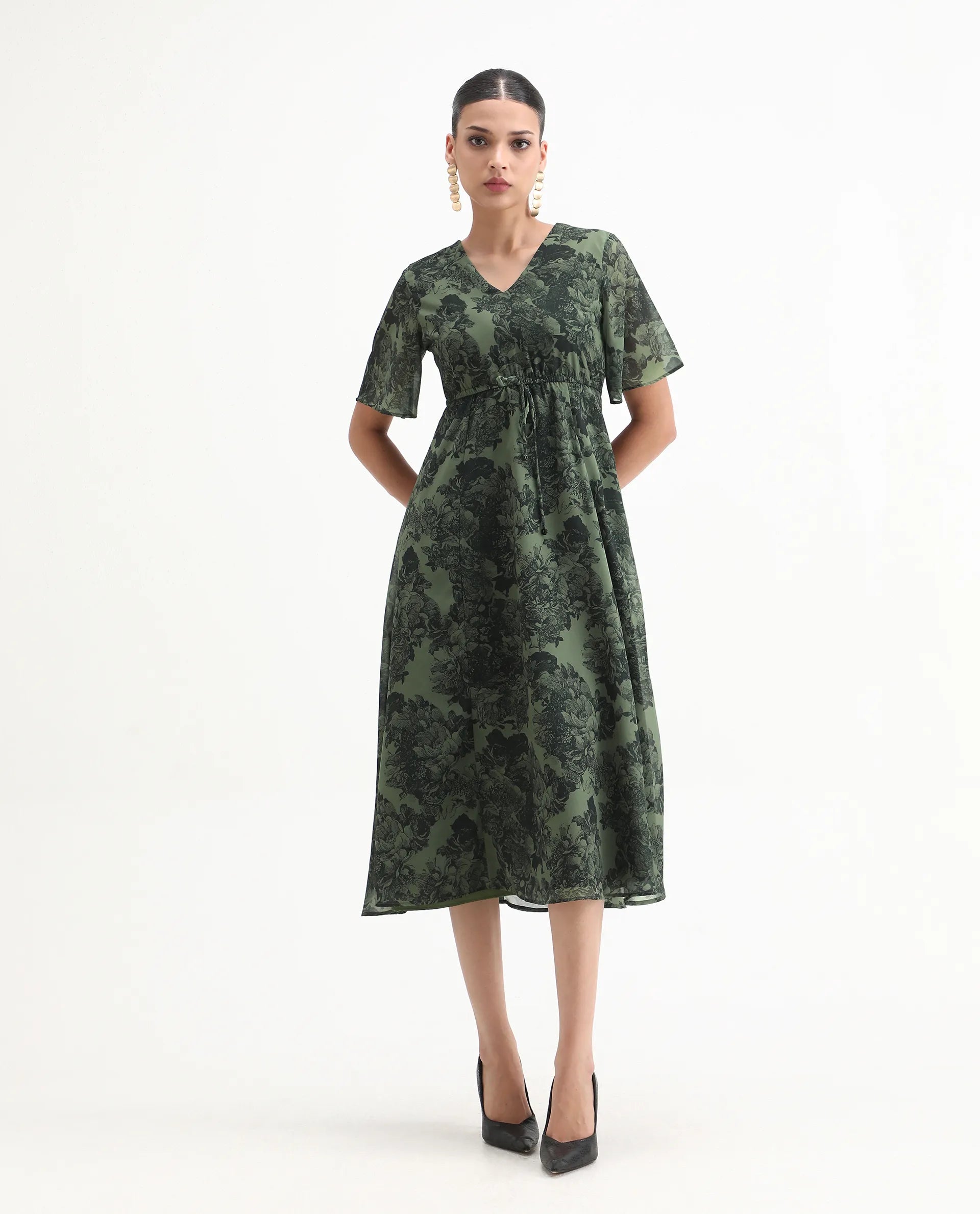 Rareism Women's Elgon Dark Green Polyester V-Neck Flared Floral Print Midi Dress