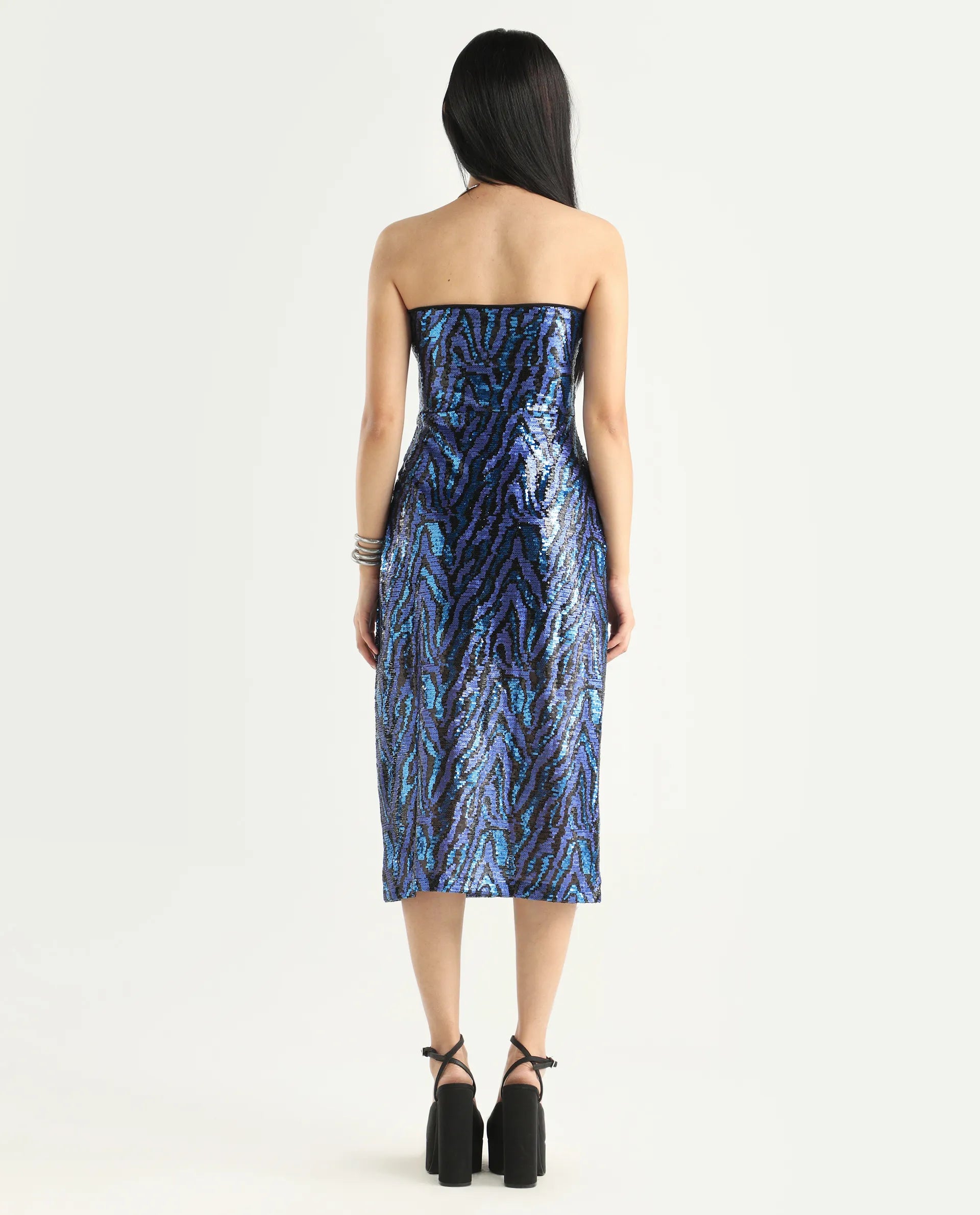 Rareism Women's Elica Sheen Multi Polyester Tube Neck Sequined Midi Bodycon Dress