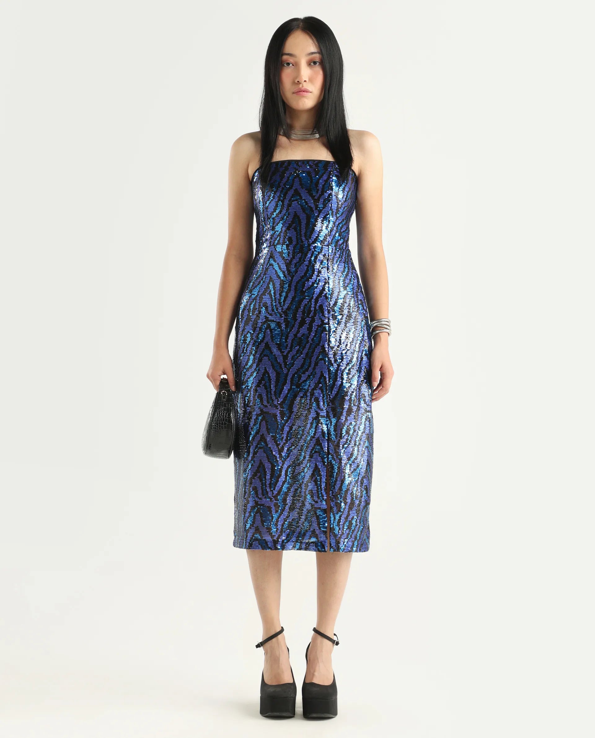 Rareism Women's Elica Sheen Multi Polyester Tube Neck Sequined Midi Bodycon Dress