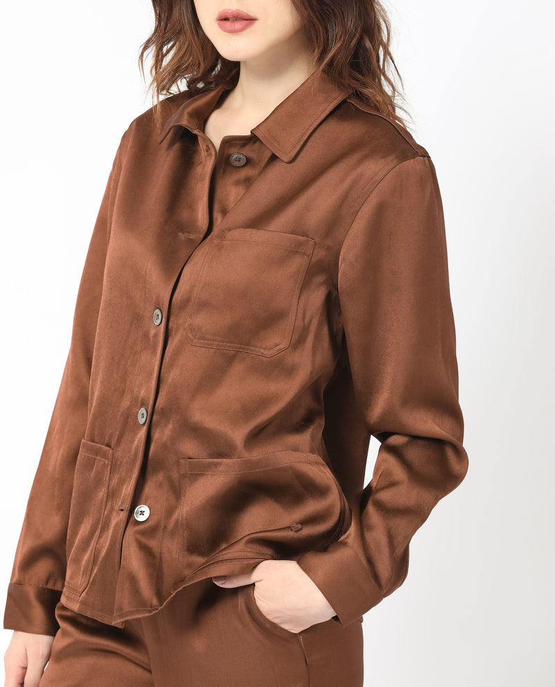 Rareism Women Elika Brown Polyester Fabric Full Sleeves Button Closure Shirt Collar Regular Fit Plain Jacket