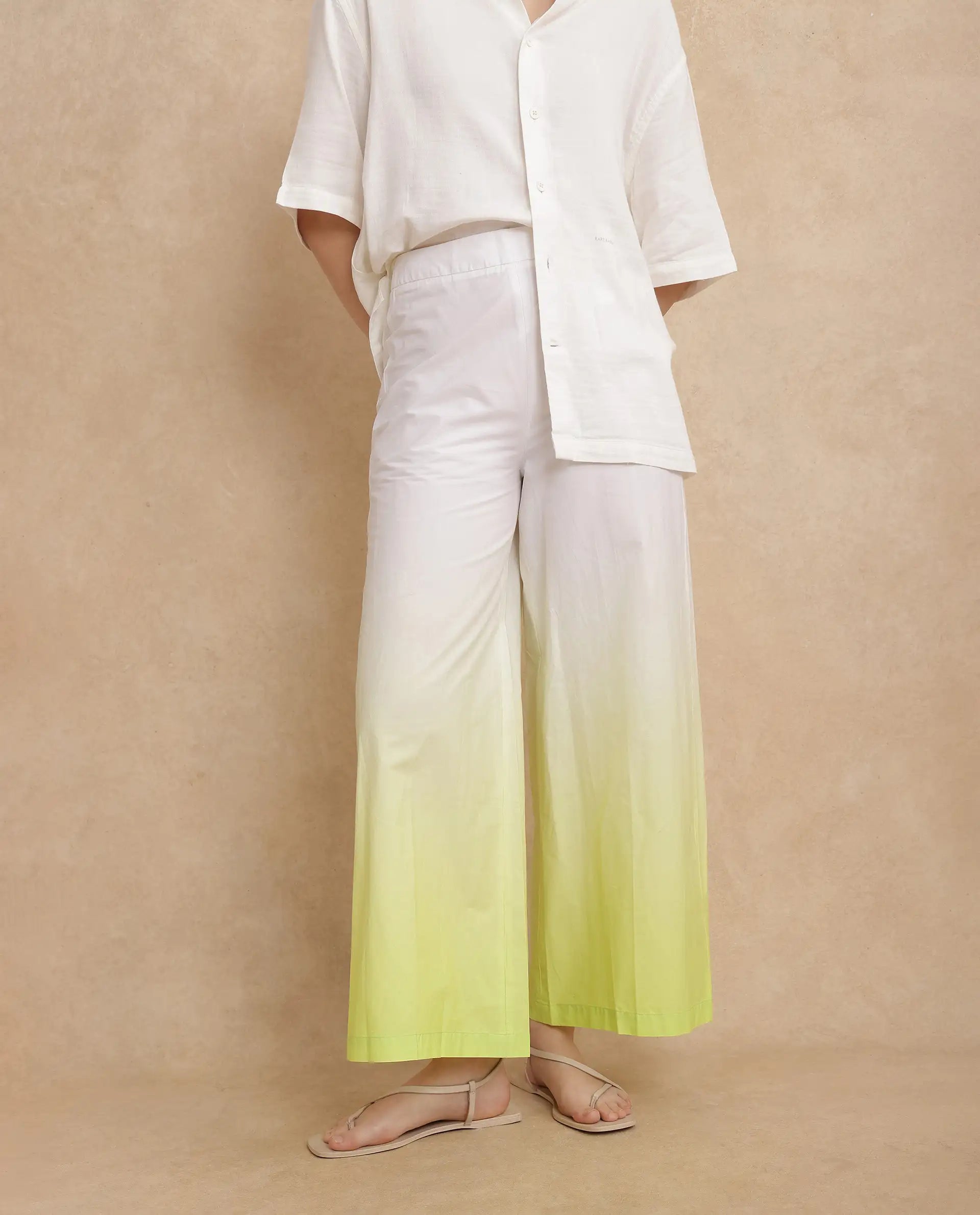 Rareism Women's Elise Green Cotton Ombre Ankle Length Wide Trouser