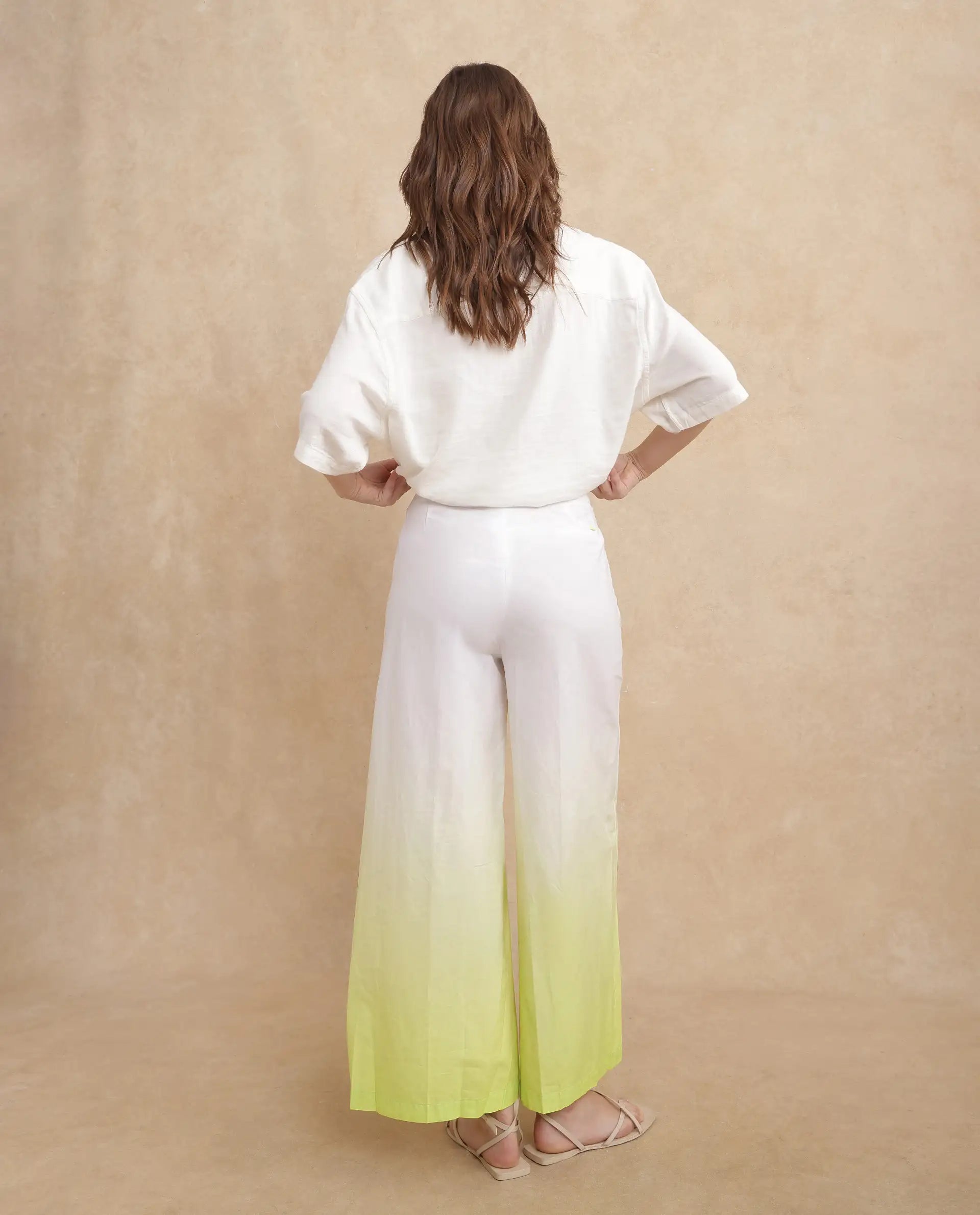 Rareism Women's Elise Green Cotton Ombre Ankle Length Wide Trouser