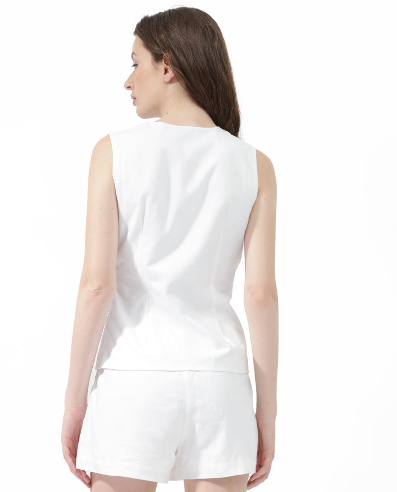 Rareism Women Ellision White Cotton Fabric Button Closure Over Lap Sleeveless Tailored Fit Plain Top