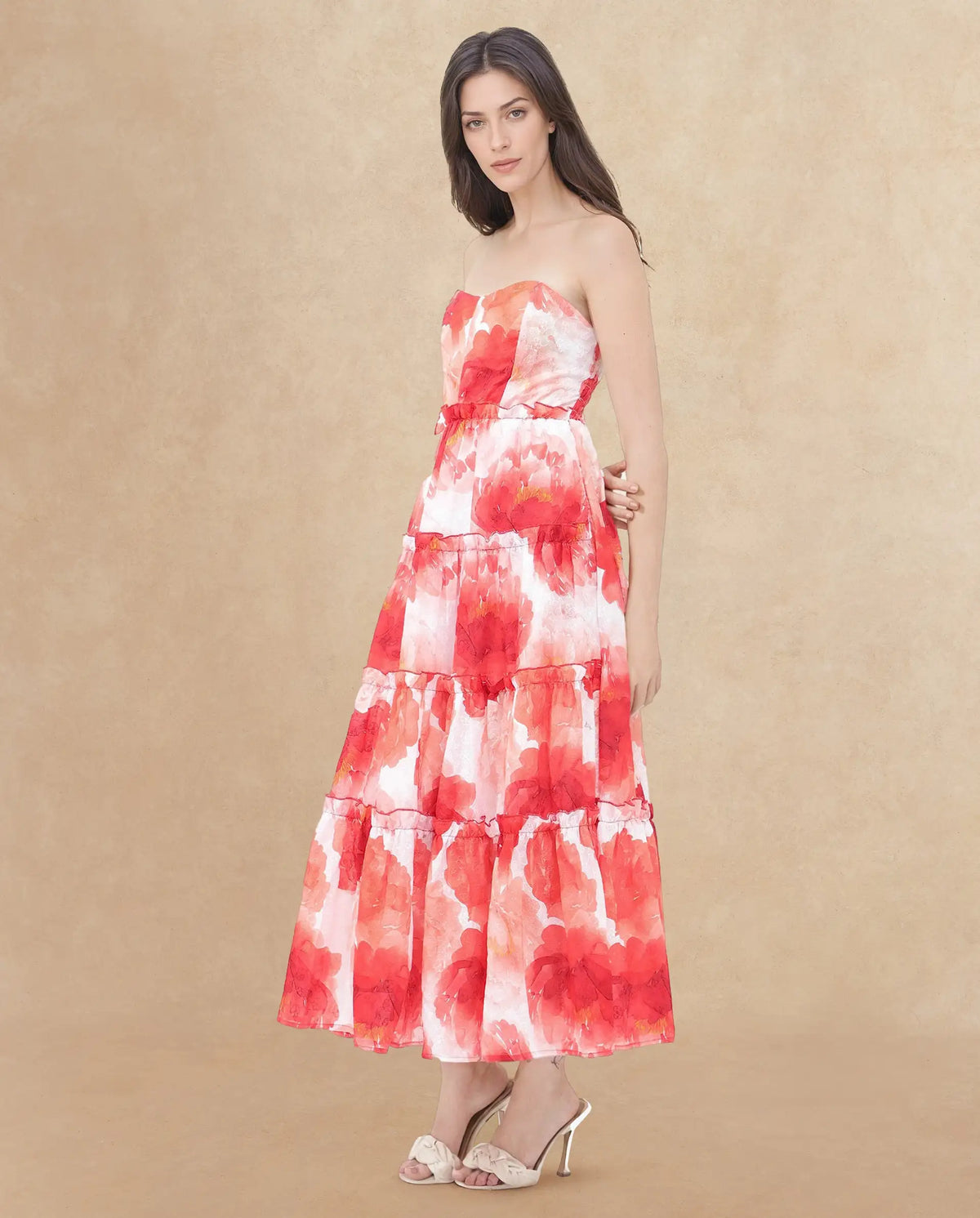 Rareism Women's Elma Pink Cotton Shoulder Strap Floral Print Sleeveless Maxi Fit And Flare Dress