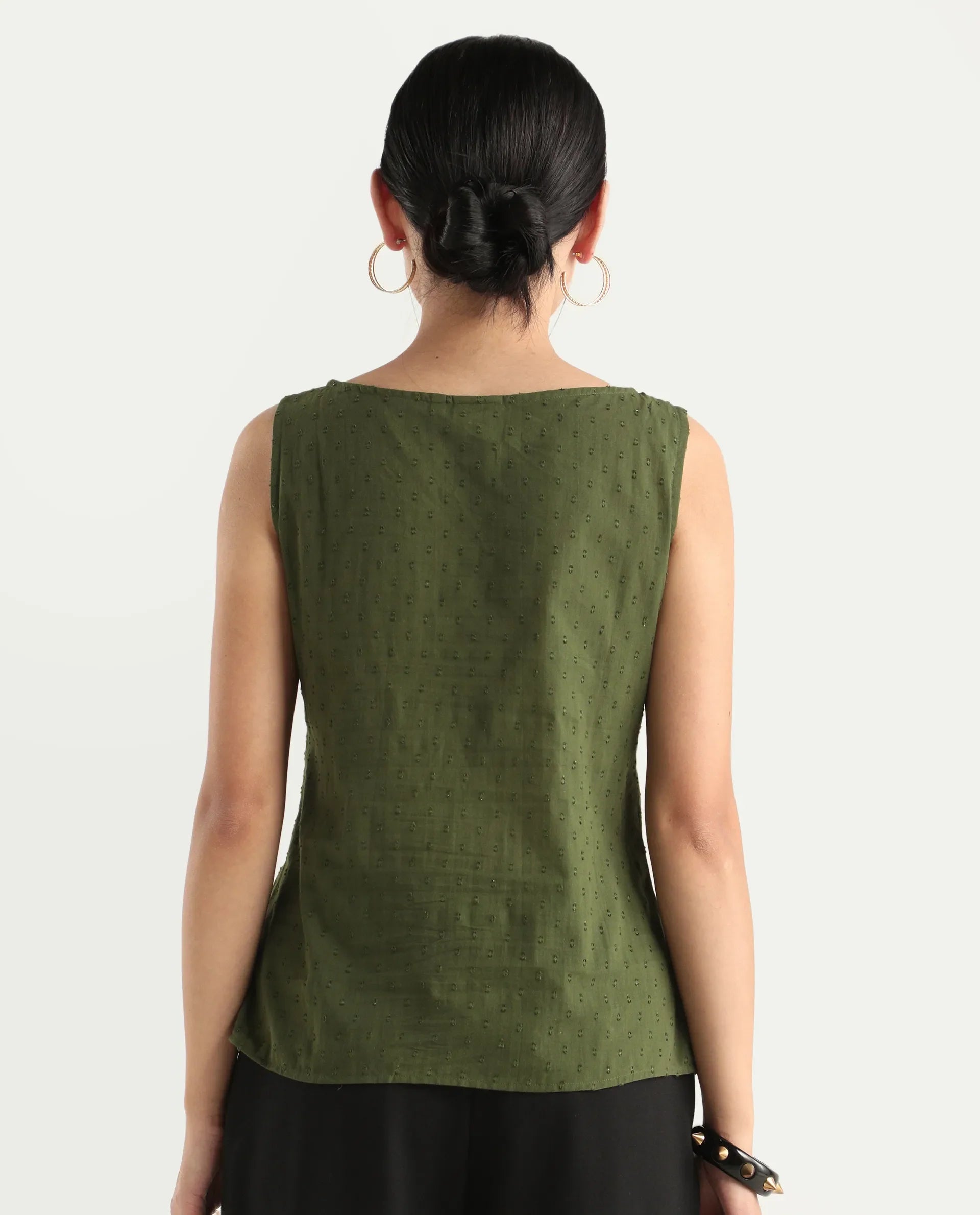 Rareism Women's Elsha Olive Cotton Blend Boat Neck Regular Fit Plain Top