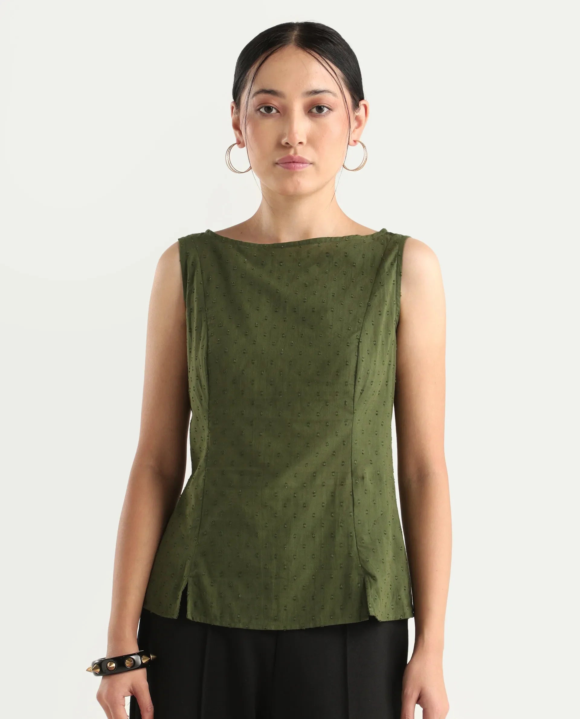 Rareism Women's Elsha Olive Cotton Blend Boat Neck Regular Fit Plain Top