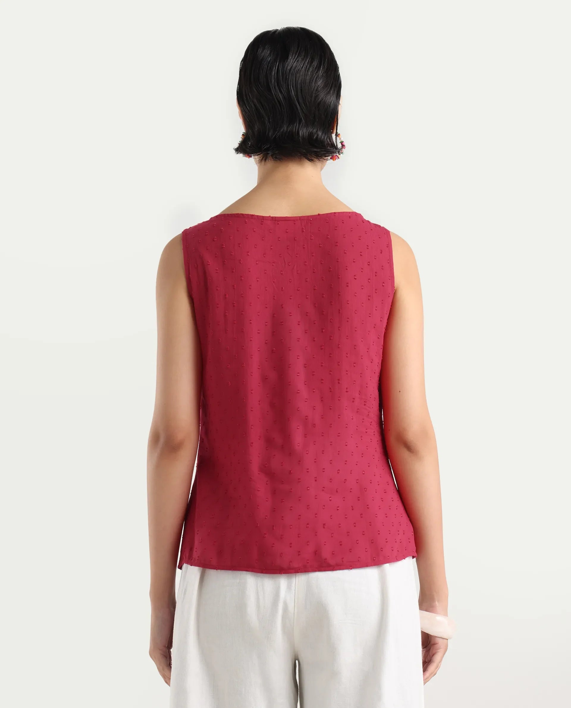 Rareism Women's Elsha Red Cotton Blend Boat Neck Regular Fit Plain Top