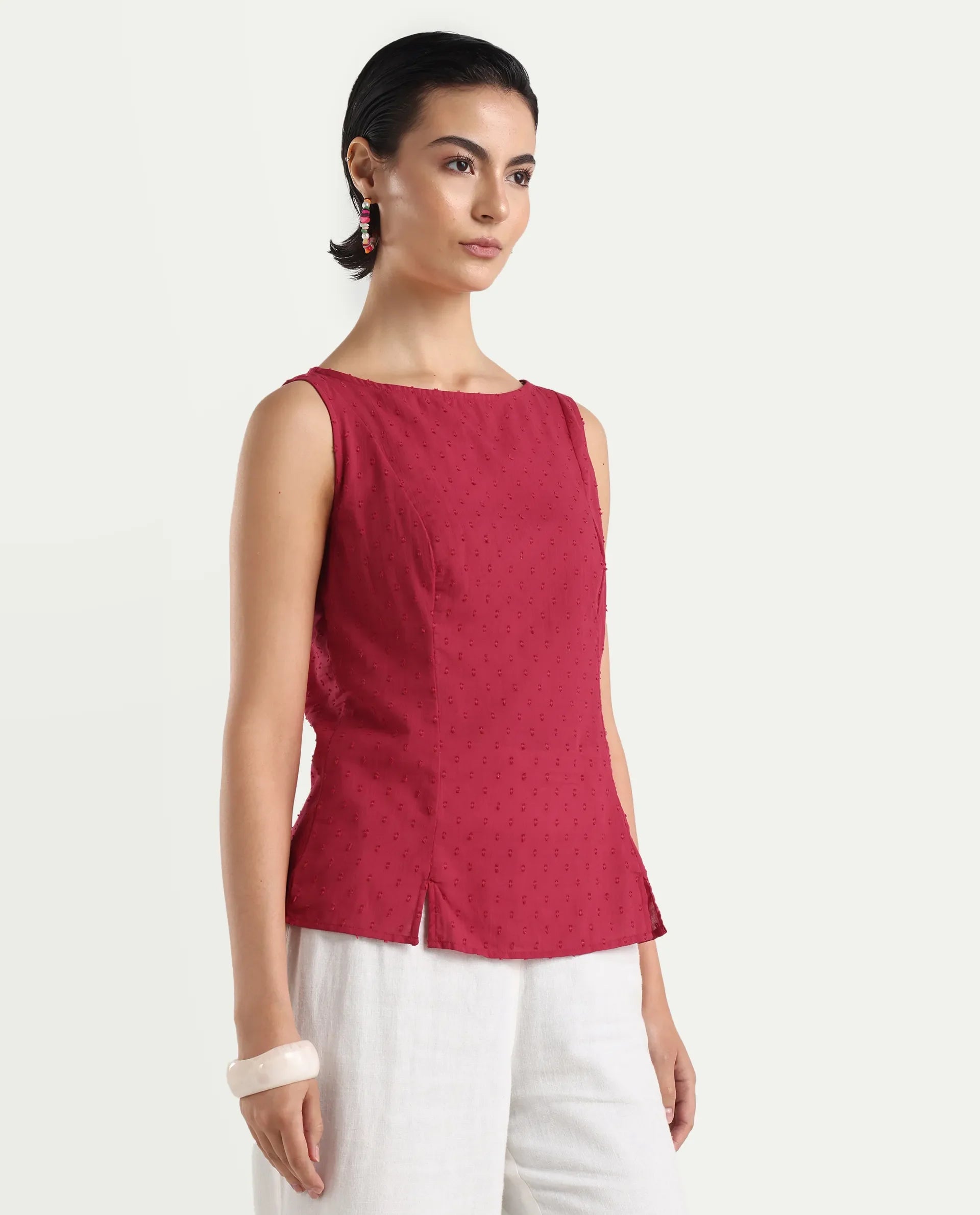 Rareism Women's Elsha Red Cotton Blend Boat Neck Regular Fit Plain Top