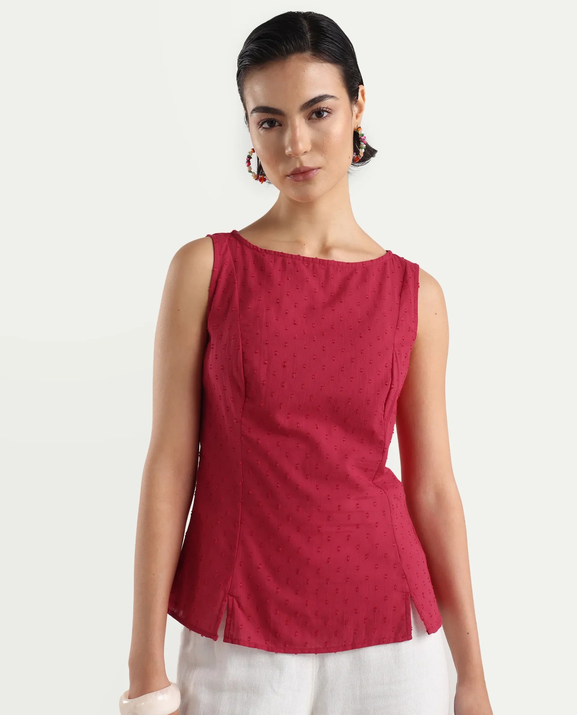 Rareism Women's Elsha Red Cotton Blend Boat Neck Regular Fit Plain Top