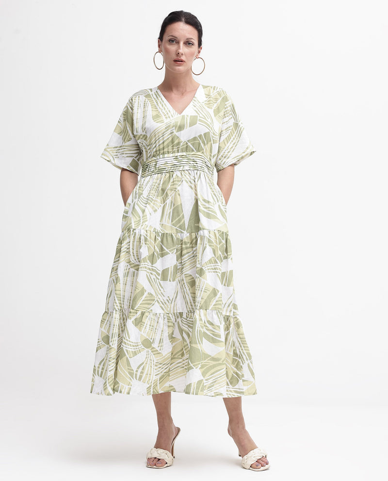 Rareism Women Eltuz Light Green Extended Sleeves V-Neck  Fit And Flare Maxi Abstract Print Dress