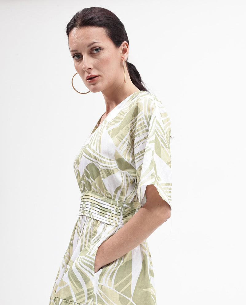 Rareism Women Eltuz Light Green Extended Sleeves V-Neck  Fit And Flare Maxi Abstract Print Dress