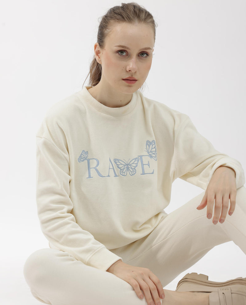 Rareism Articale Women Elwes Beige Poly Cotton Fabric Full Sleeves Crew Neck Regular Fit Graphic Print Sweatshirt