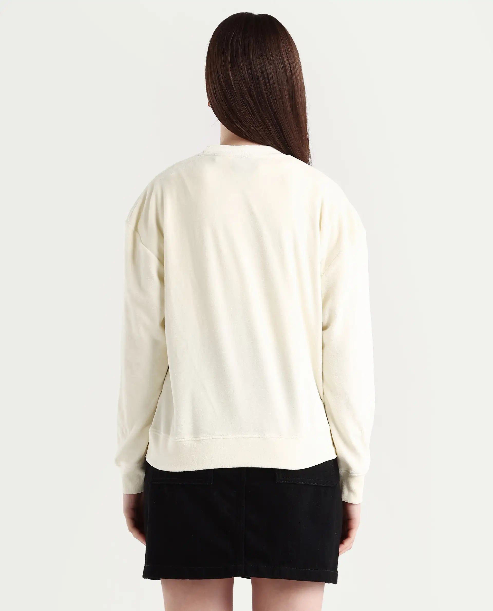 Rareism Women's Elwes Beige Polyester Blend Crew Neck Graphic Print Regular Fit Sweatshirt