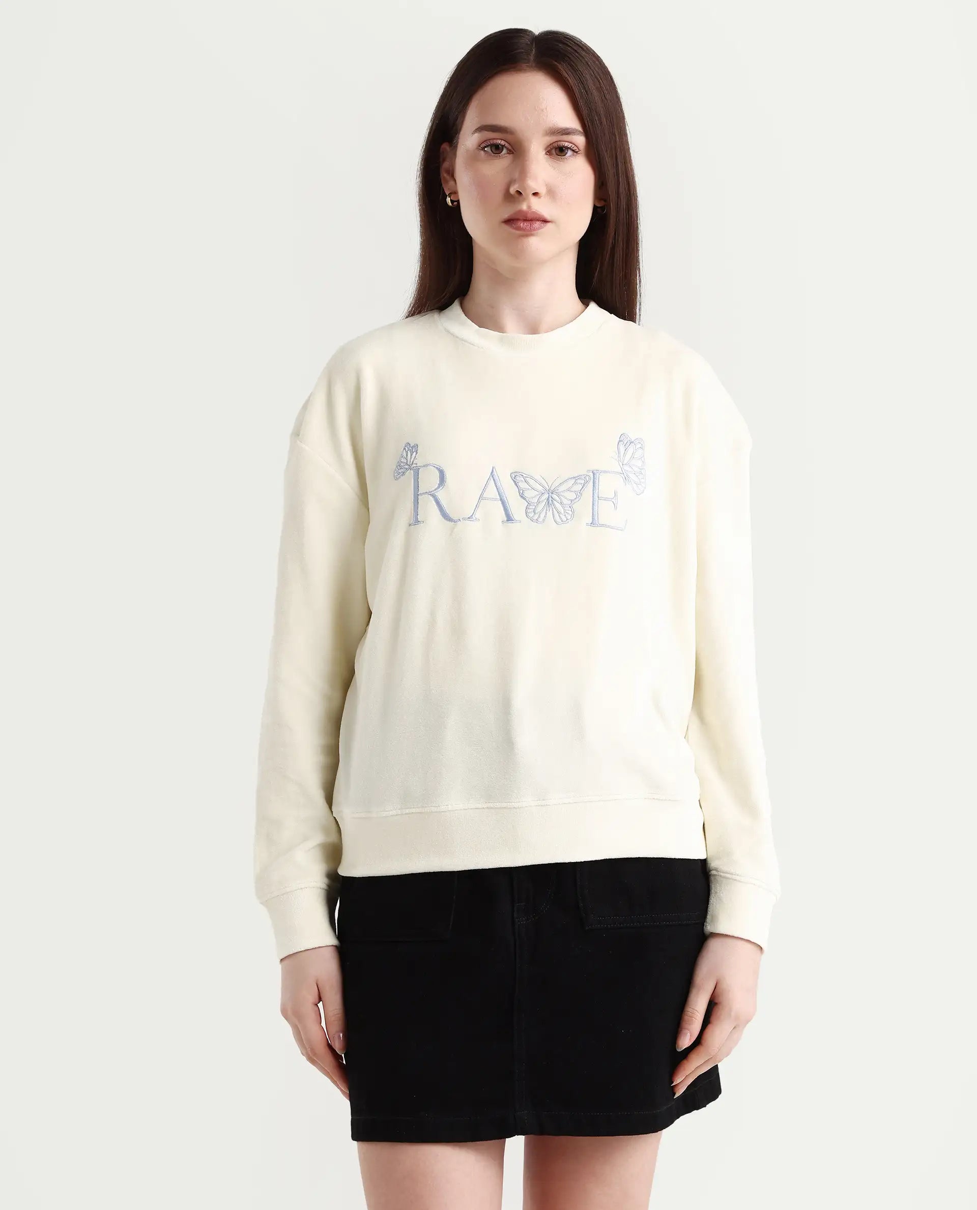 Rareism Women's Elwes Beige Polyester Blend Crew Neck Graphic Print Regular Fit Sweatshirt