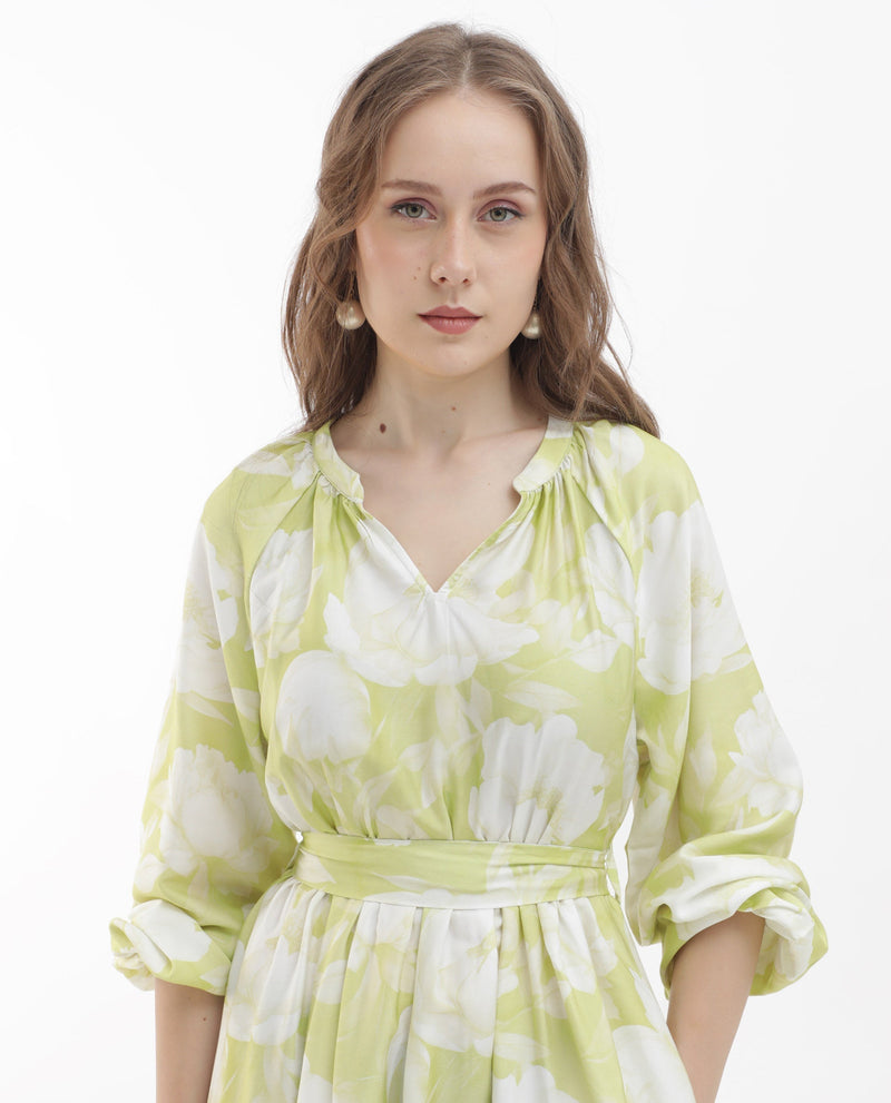 Rareism Women Emil Green Cotton Fabric Full Sleeves Tie-Up Closure Mandarin Collar Raglan Sleeve Fit And Flare Floral Print Maxi Dress