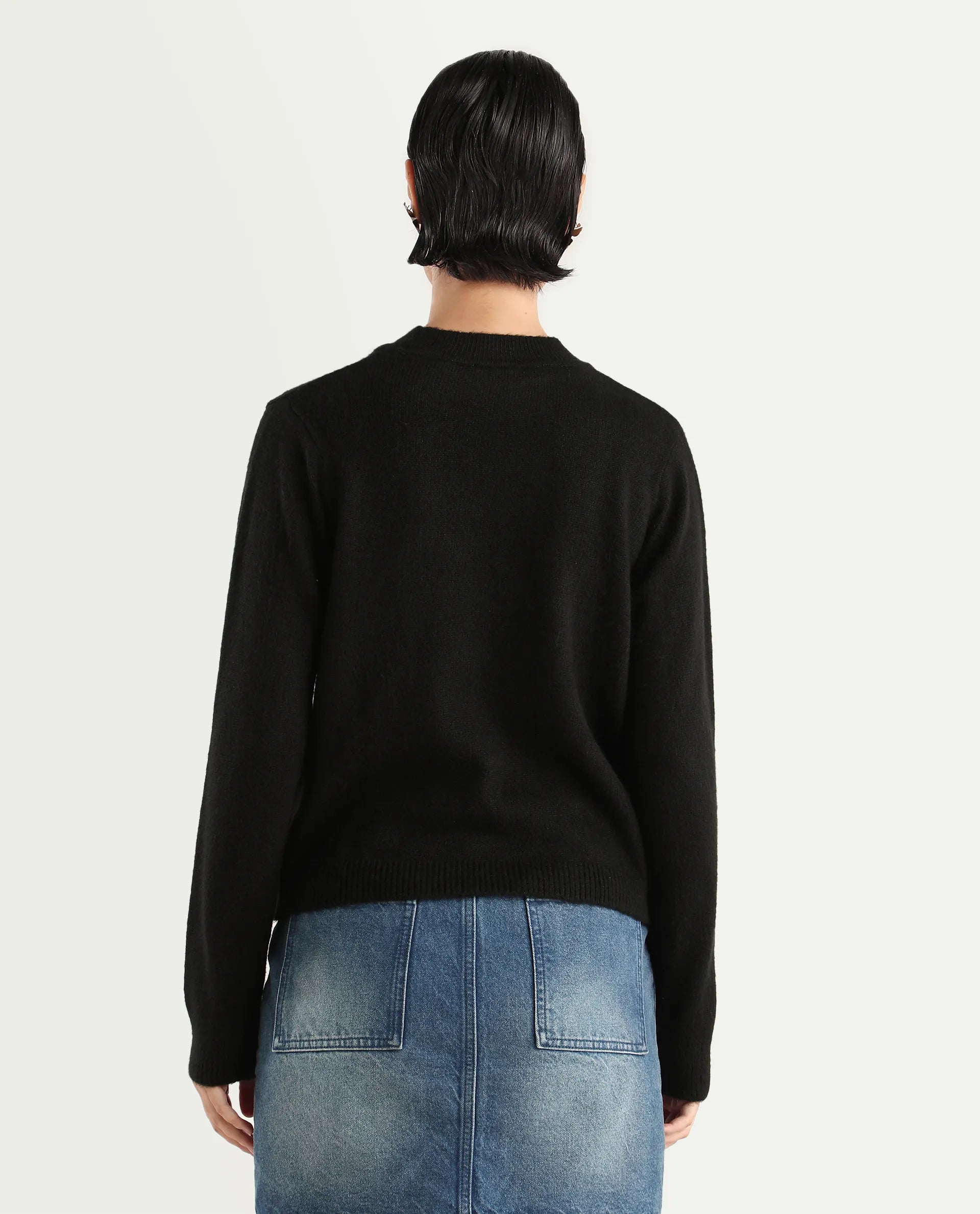 Rareism Women's Emm Black Polyester Crew Neck Plain Regular Fit Sweater