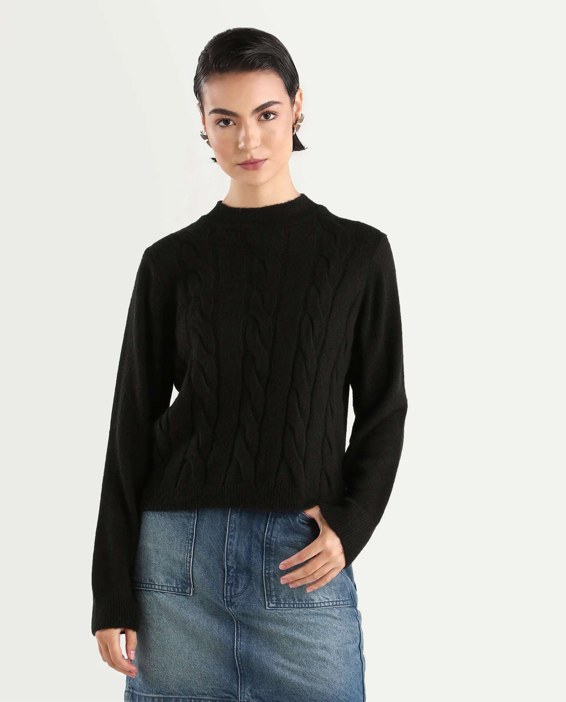 Rareism Women's Emm Black Polyester Crew Neck Plain Regular Fit Sweater