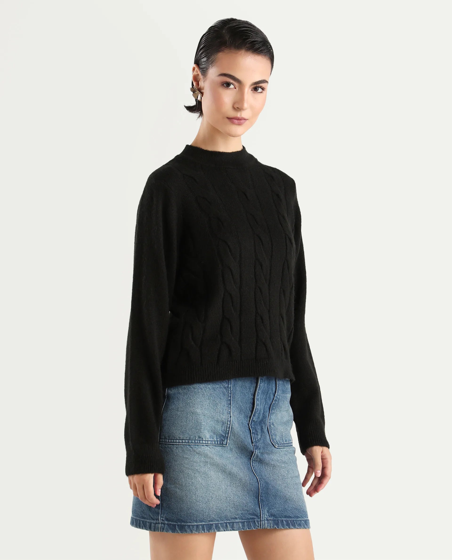 Rareism Women's Emm Black Polyester Crew Neck Plain Regular Fit Sweater