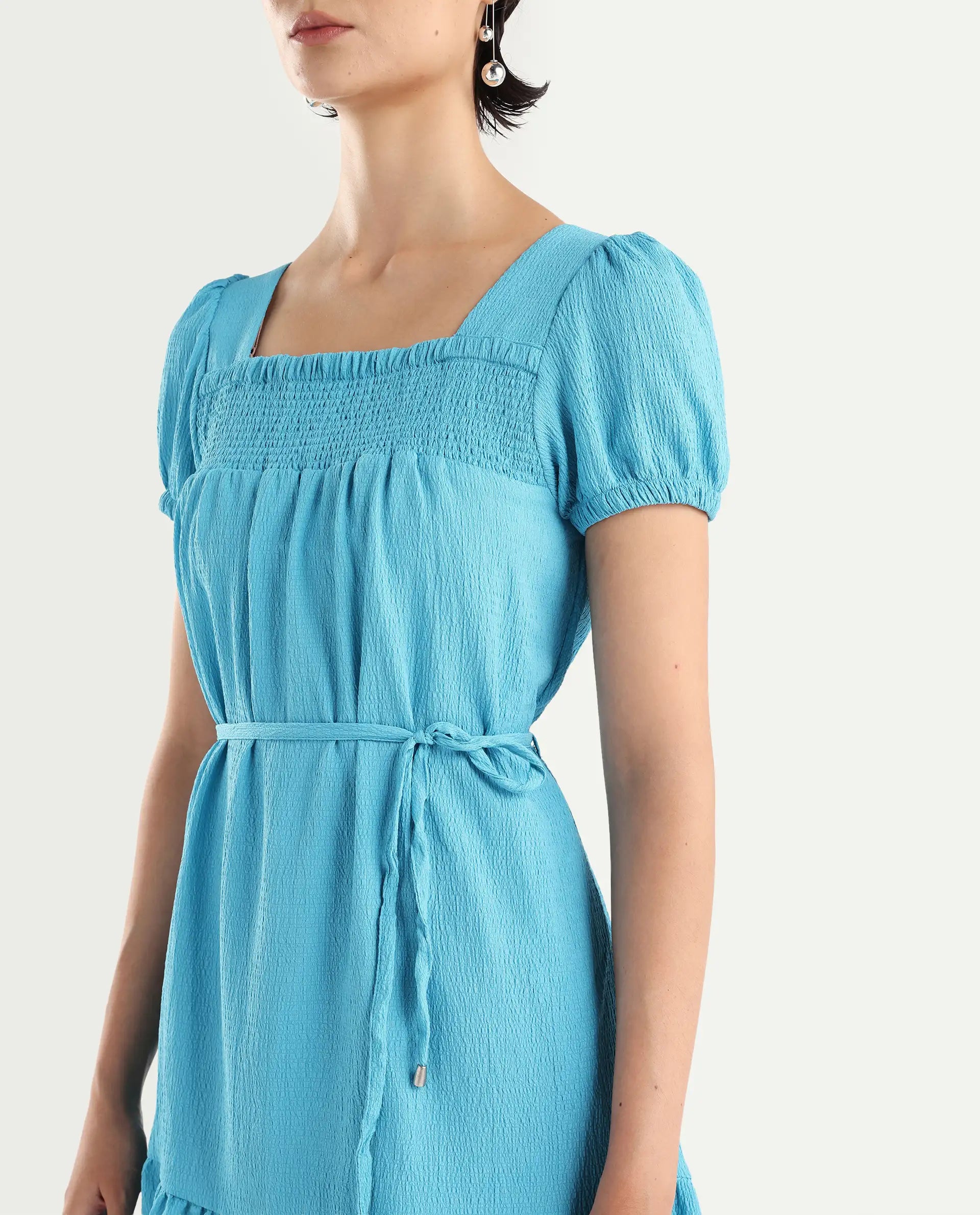 Rareism Women's Empress Blue Viscose Square Neck Plain Puff Sleeves Knee Length Regular Fit Dress