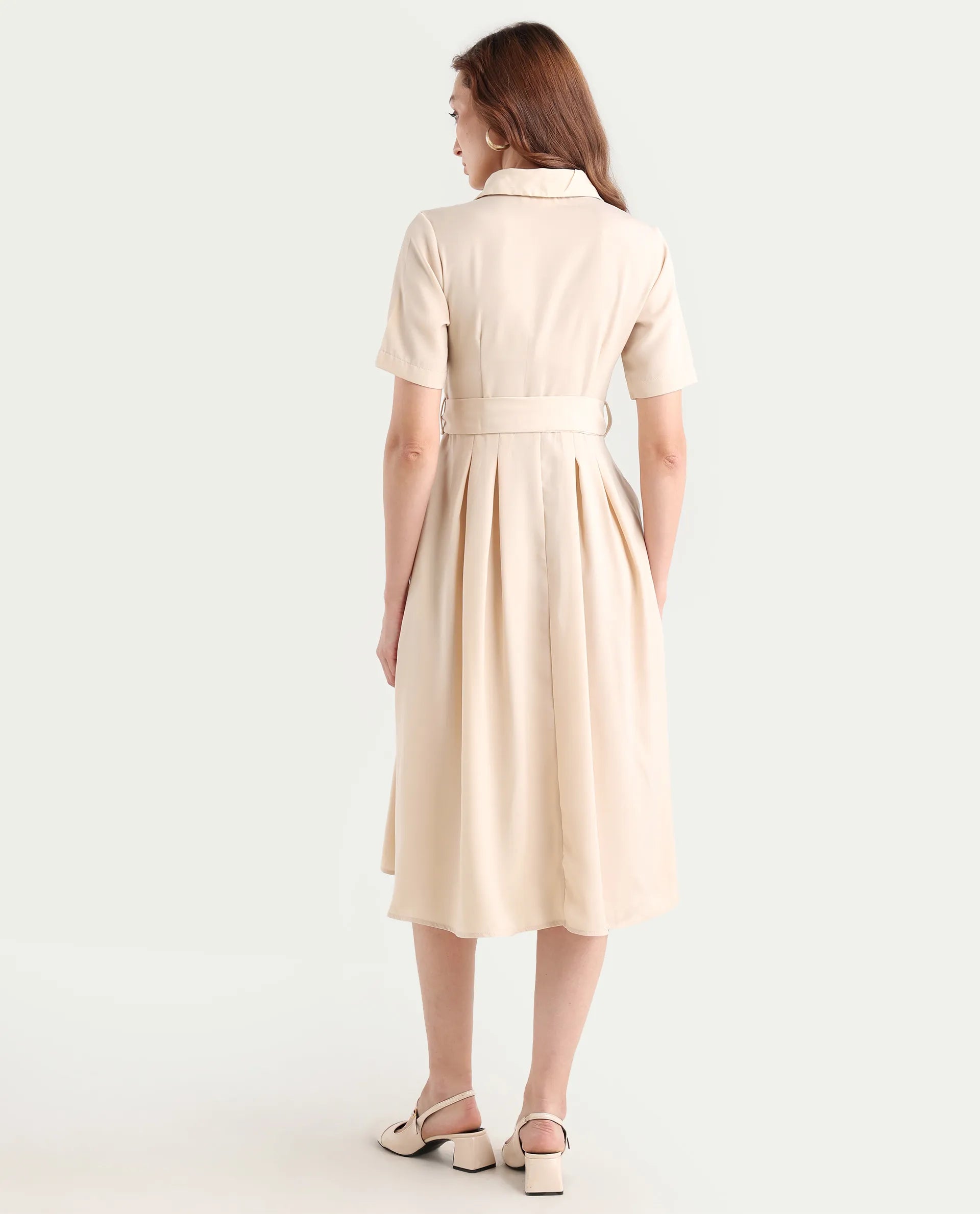 Rareism Women's Enbarry Off White Satin Drop Collar Plain Boxy Sleeve Midi Fit And Flare Dress