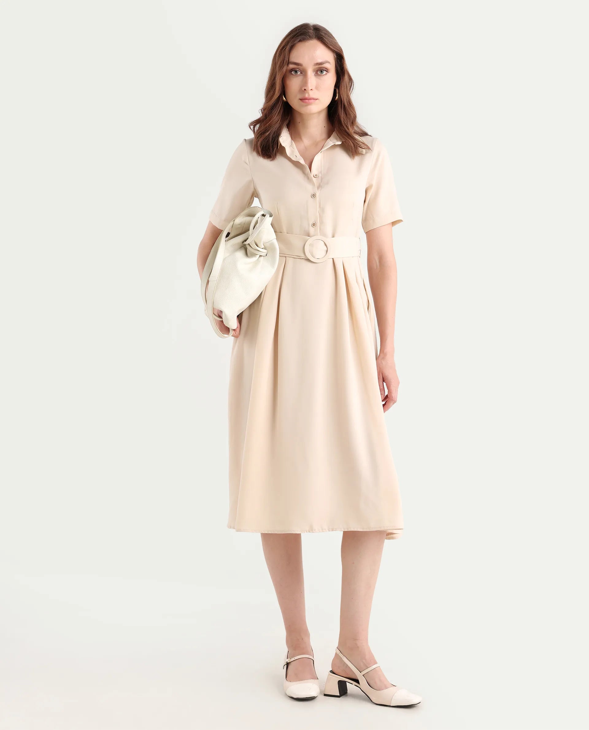 Rareism Women's Enbarry Off White Satin Drop Collar Plain Boxy Sleeve Midi Fit And Flare Dress