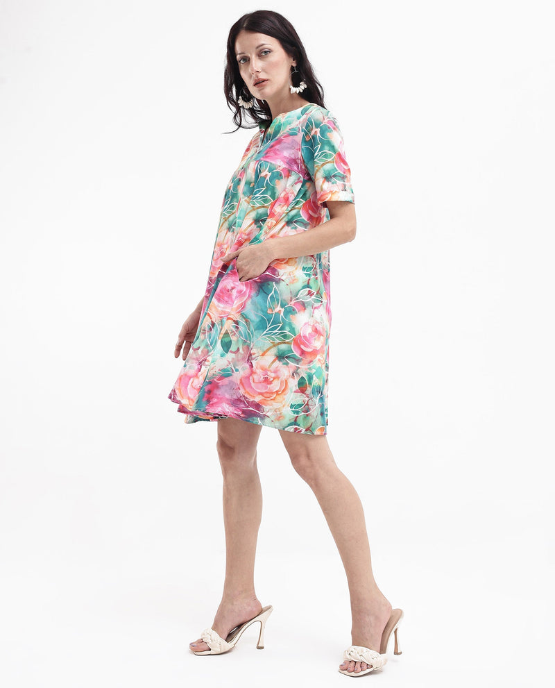 Rareism Women Enderson Multi Cotton Short Sleeve Crew Neck Fit And Flare Floral Print Knee Length Dress