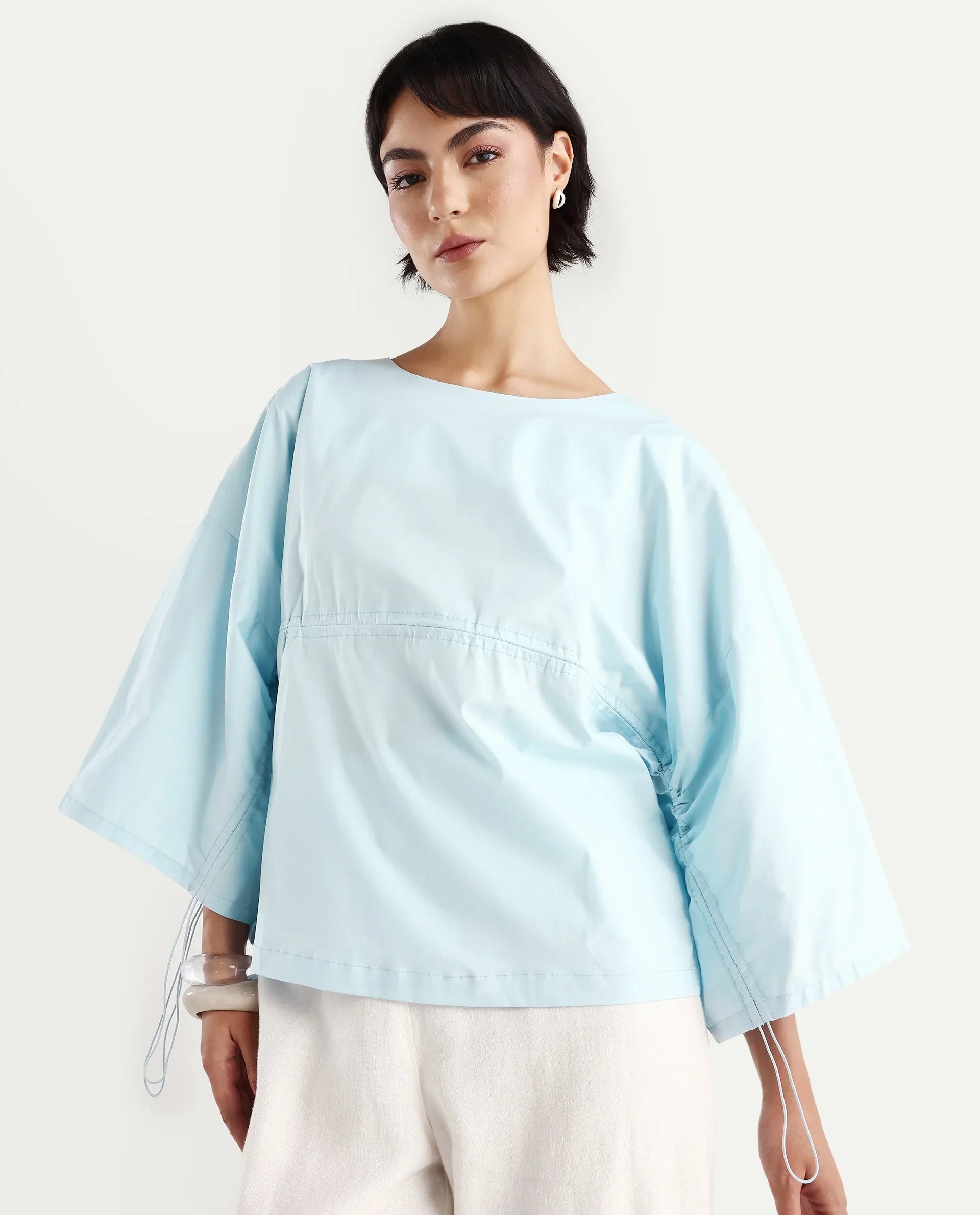 Rareism Women's Eniv Light Blue Cotton Blend Crew Neck Plain Extended Sleeves Regular Fit Top