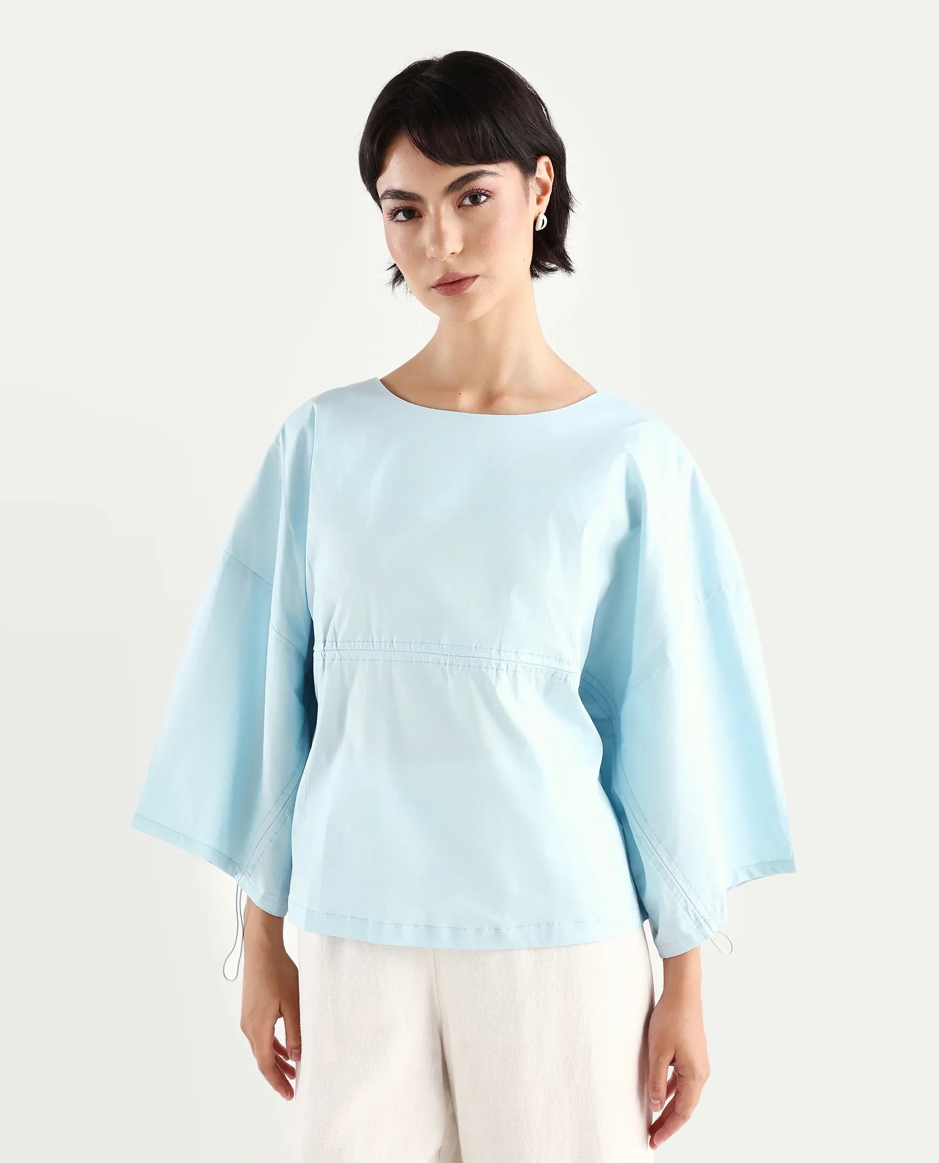 Rareism Women's Eniv Light Blue Cotton Blend Crew Neck Plain Extended Sleeves Regular Fit Top