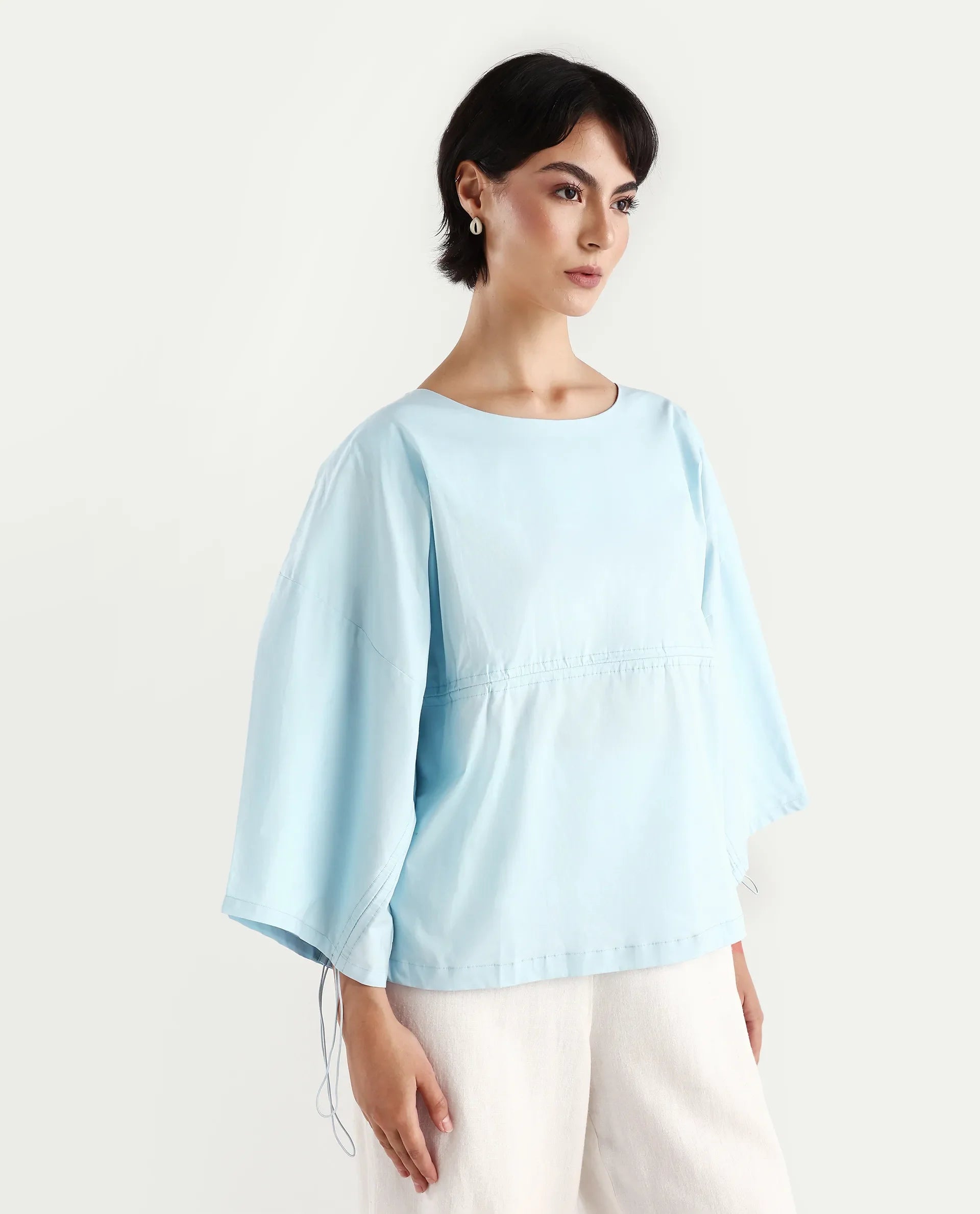 Rareism Women's Eniv Light Blue Cotton Blend Crew Neck Plain Extended Sleeves Regular Fit Top