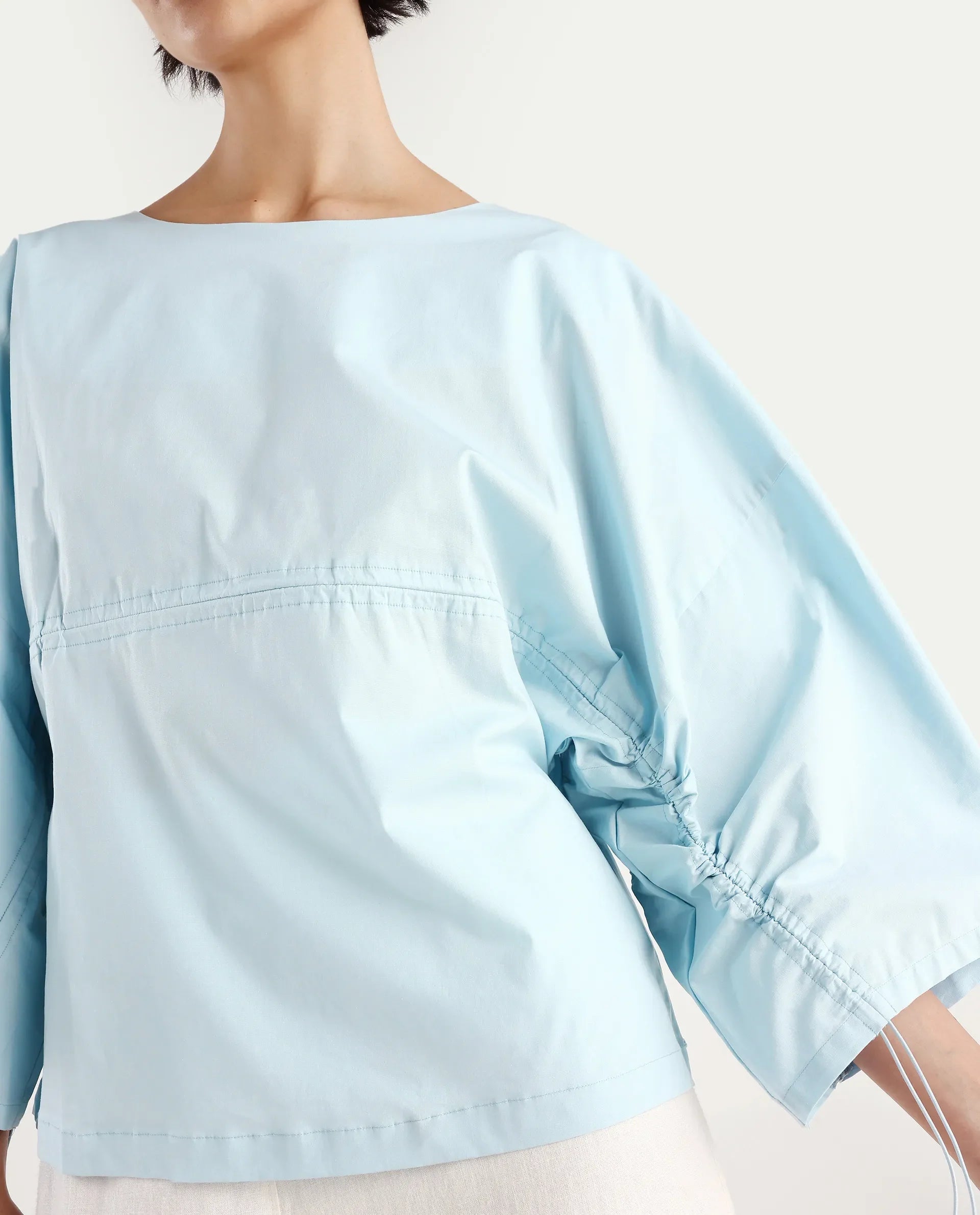 Rareism Women's Eniv Light Blue Cotton Blend Crew Neck Plain Extended Sleeves Regular Fit Top