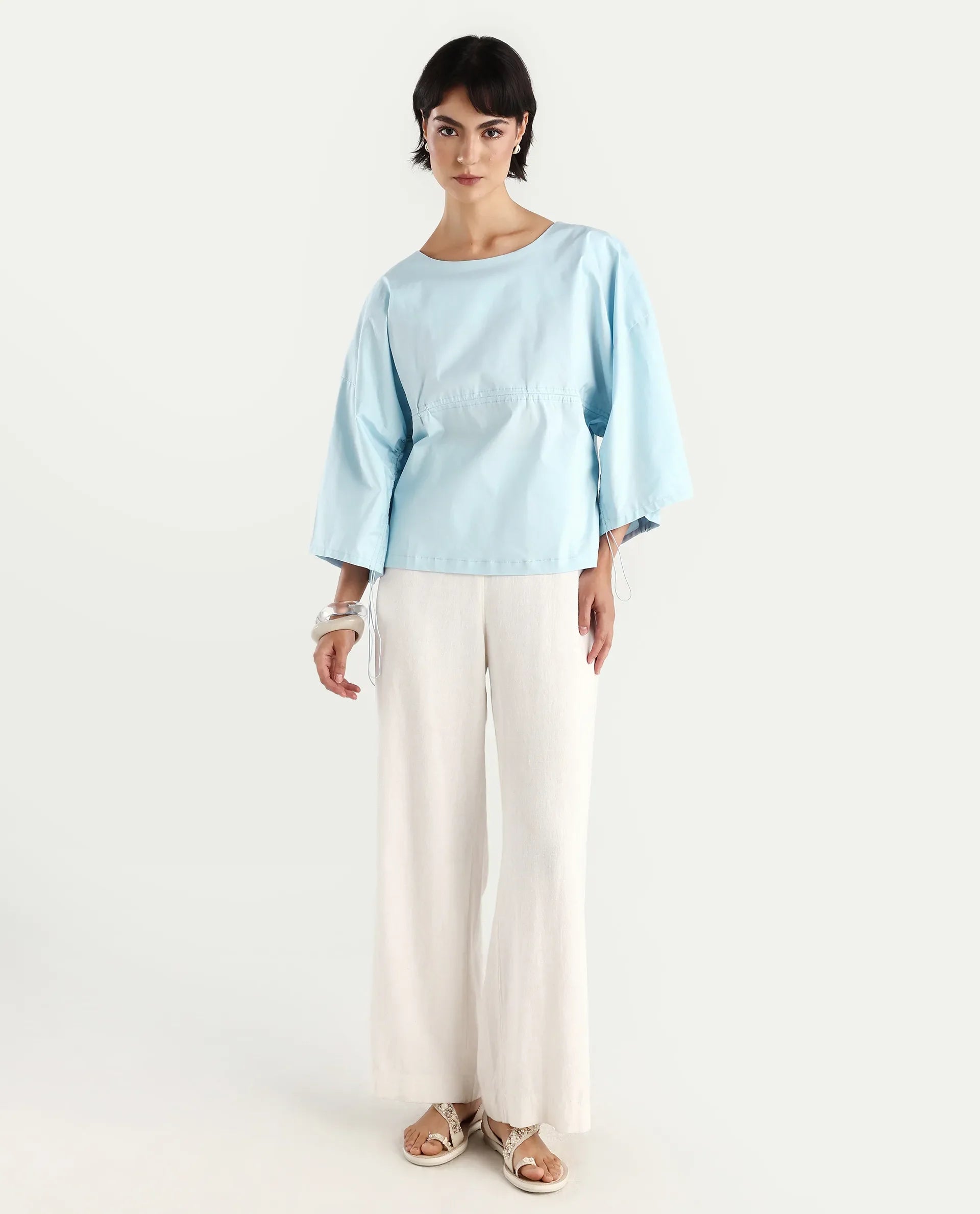 Rareism Women's Eniv Light Blue Cotton Blend Crew Neck Plain Extended Sleeves Regular Fit Top