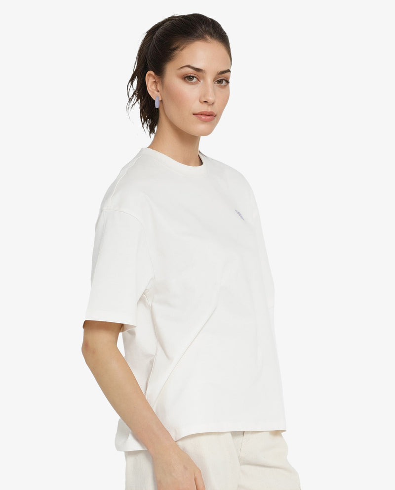 Rareism Women Enrique Off White Cotton Fabric Short Sleeve Crew Neck Solid T-Shirt