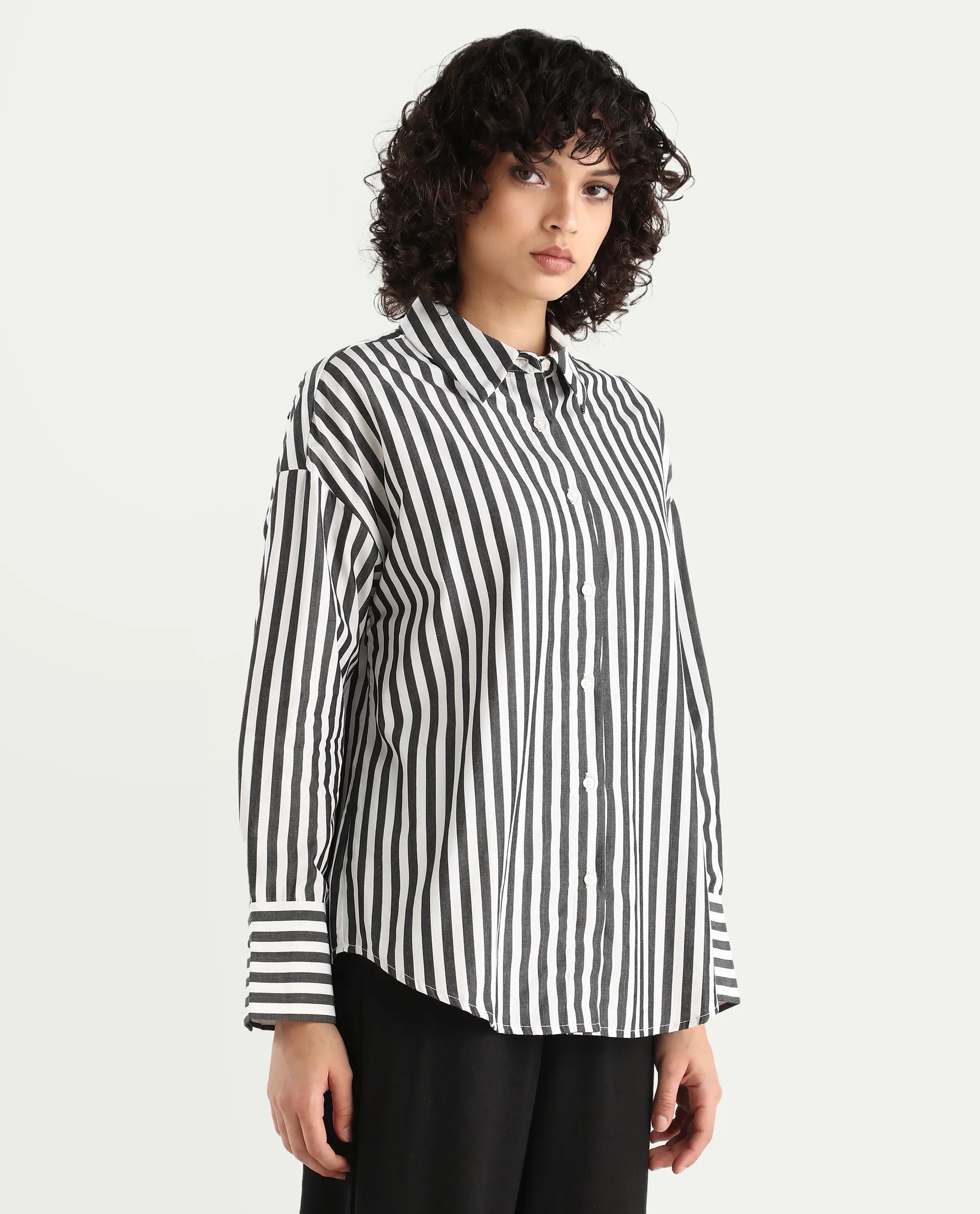 Rareism Women's Epdyed White Viscose Striped Cuffed Sleeve Boxy Fit Shirt