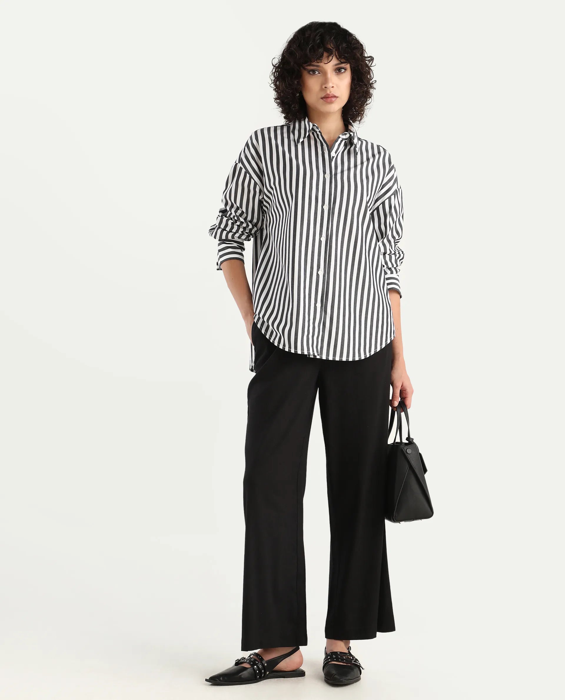 Rareism Women's Epdyed White Viscose Striped Cuffed Sleeve Boxy Fit Shirt