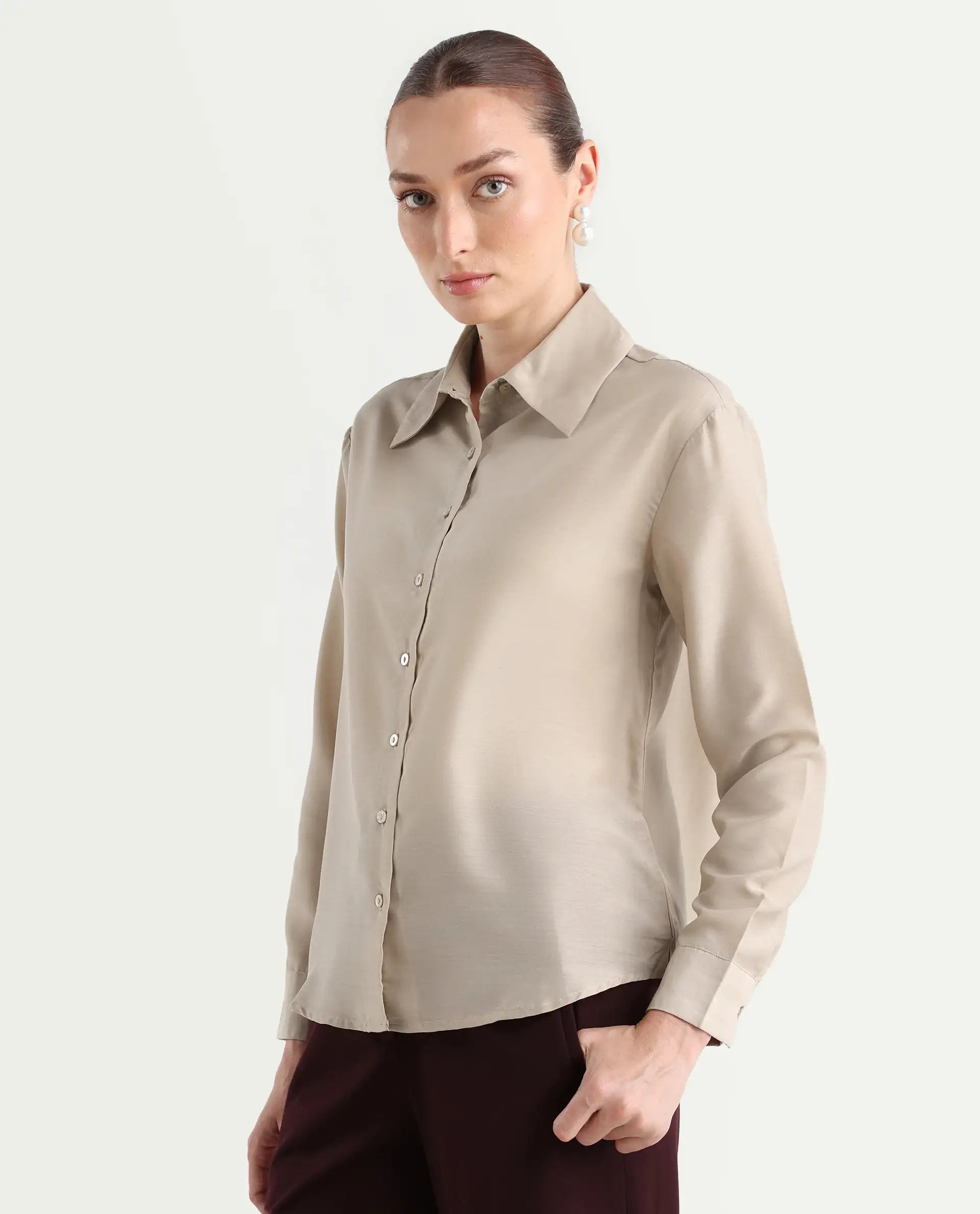 Rareism Women's Epets Beige Polyester Collared Plain Regular Fit Shirt