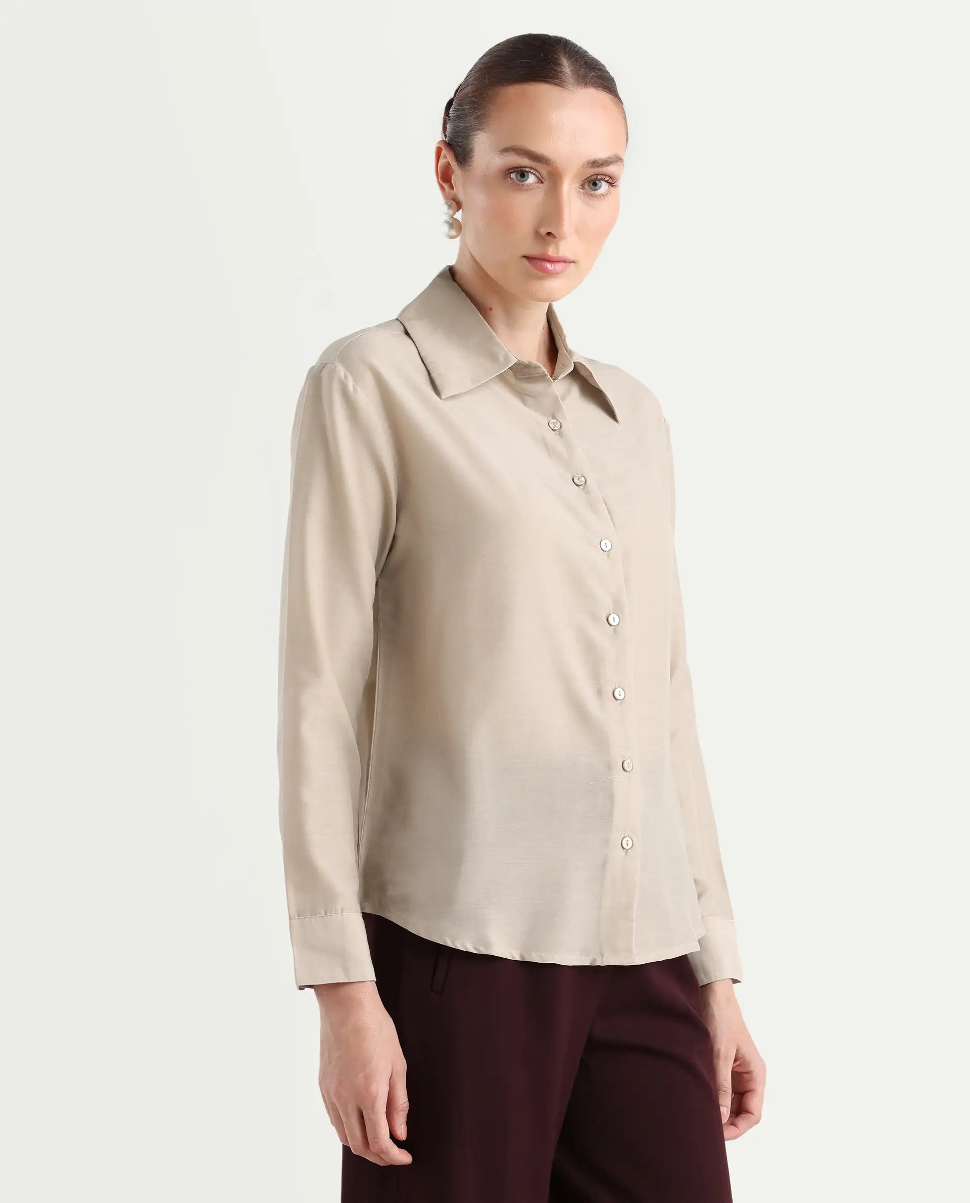 Rareism Women's Epets Beige Polyester Collared Plain Regular Fit Shirt